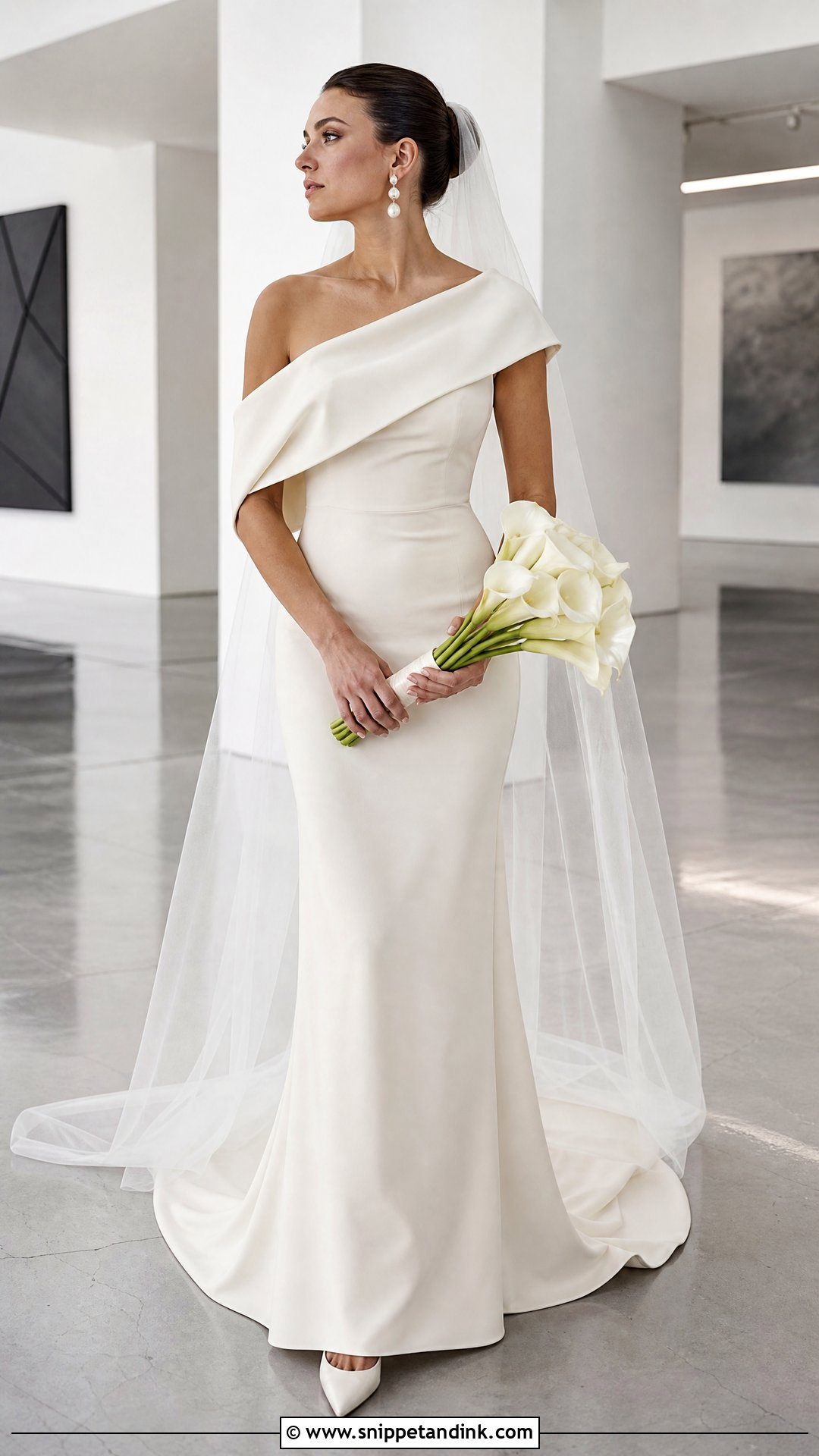 Minimalist Crepe Over the Shoulder Wedding Dress - Snippet and Ink - 20 Over the Shoulder Wedding Dress Ideas