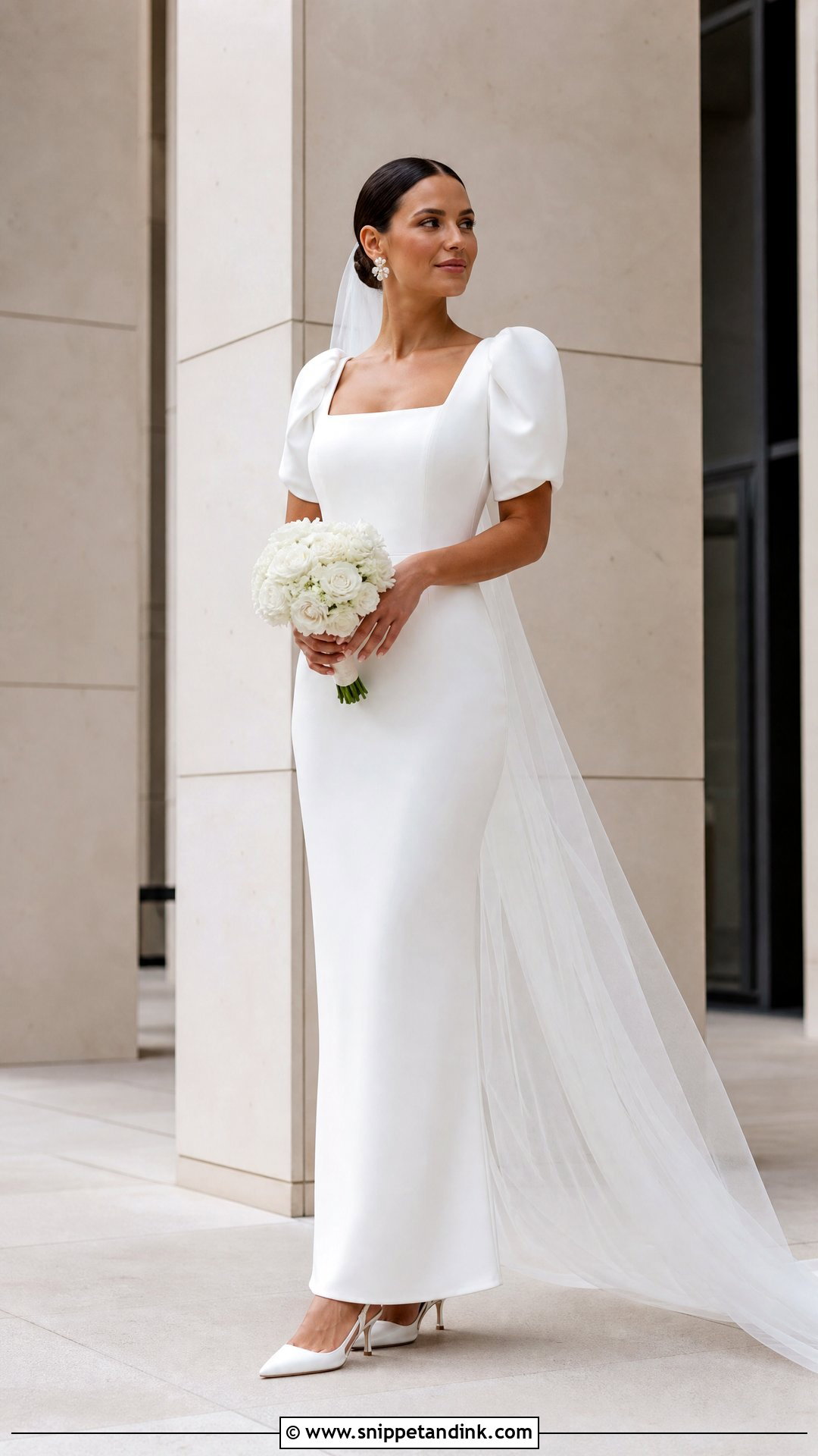 Minimalist Crepe Puffed Sleeve Wedding Dress - Snippet and Ink - 20 Puffed Sleeve Wedding Dress Ideas