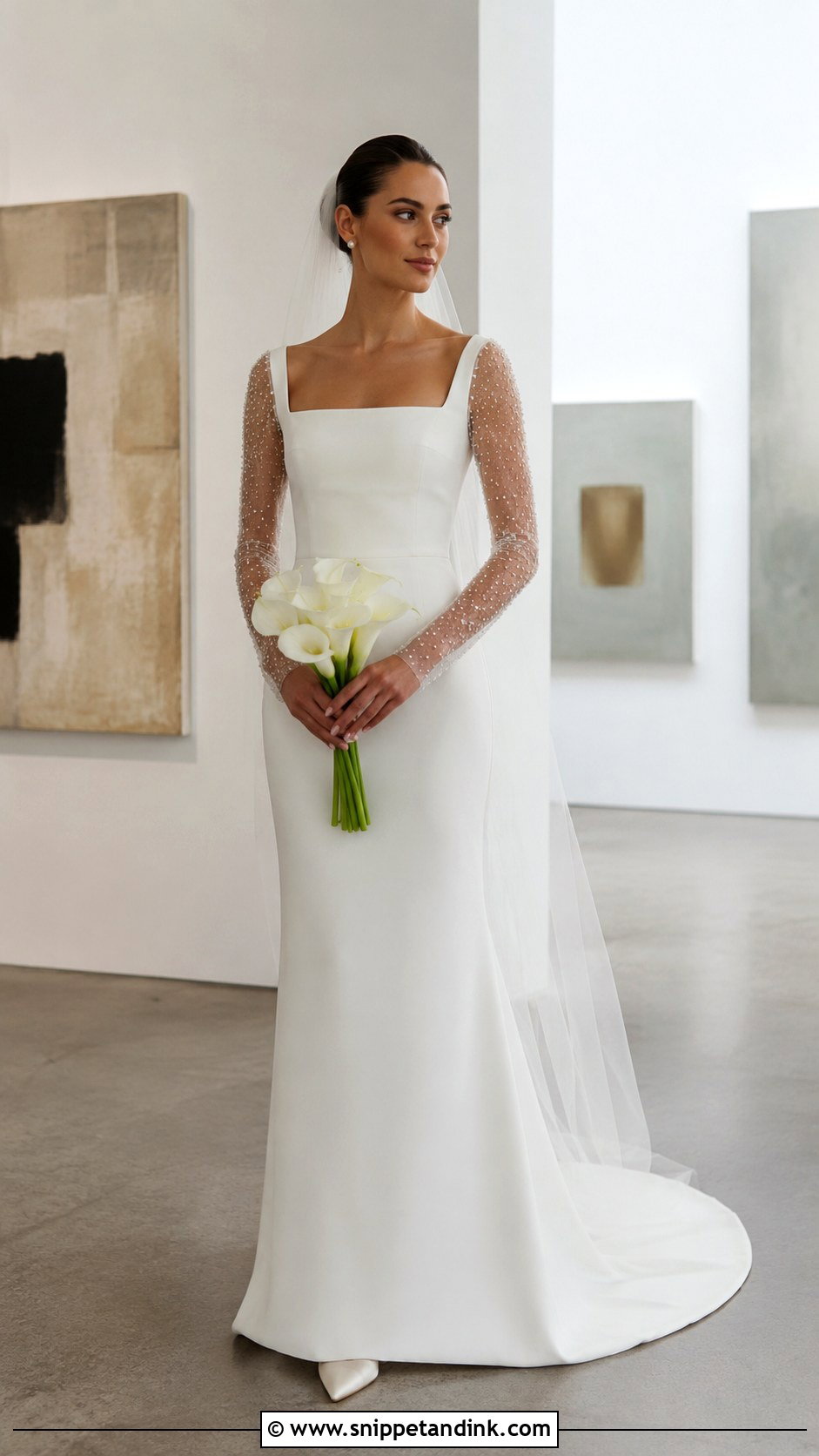 Minimalist Crepe Wedding Dress With Beaded Sleeves - Snippet and Ink - 20 Long Sleeve Beaded Wedding Dress Ideas