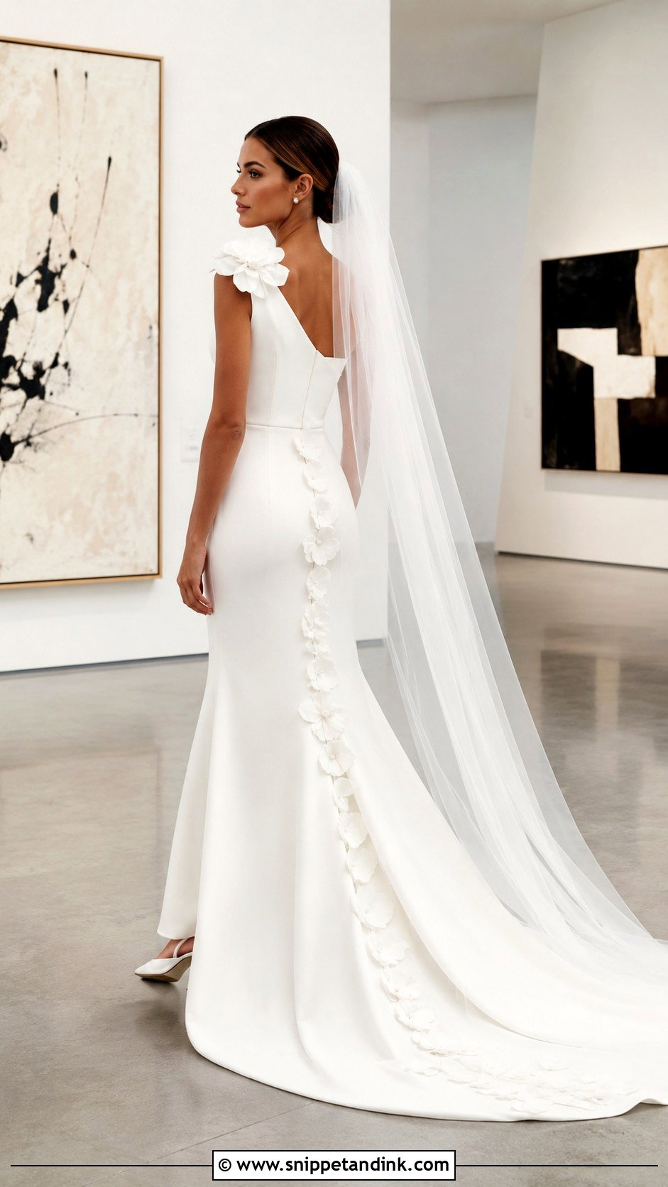 Minimalist Crepe Wedding Dress With Floral Appliques - Snippet and Ink - 20 Floral Flower Wedding Dress Gown Ideas