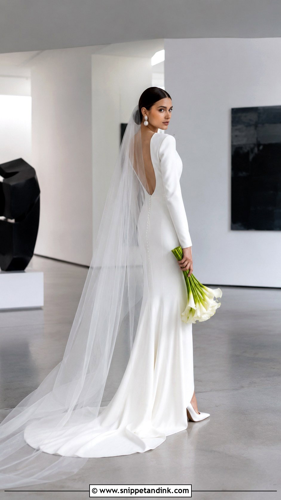Minimalist Crepe Wedding Dress With Long Train - Snippet and Ink - 20 Long Tail Wedding Dress Ideas