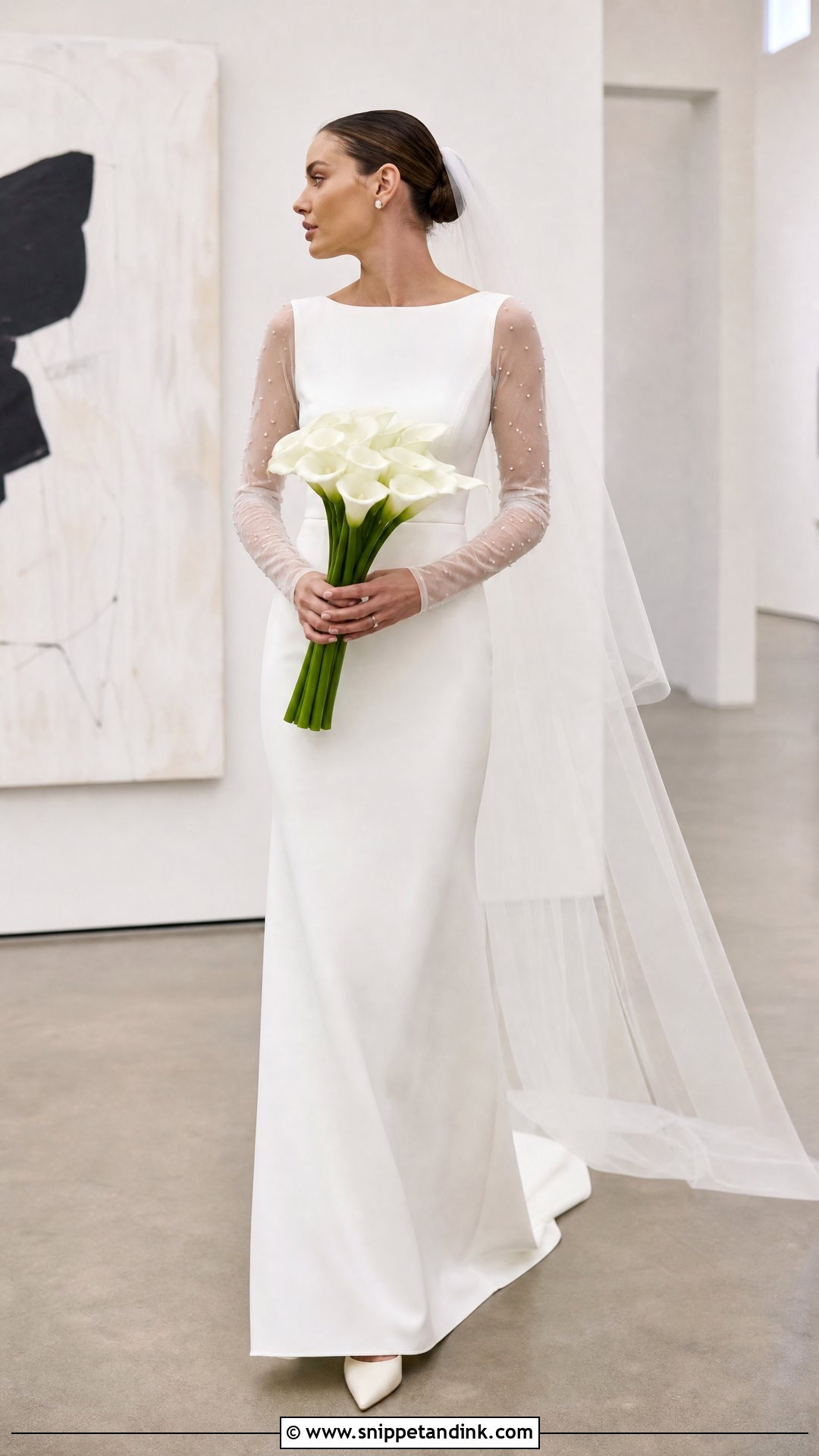 Minimalist Crepe Wedding Dress With Sheer Sleeves - Snippet and Ink - 20 Wedding Dress with Sheer Sleeves