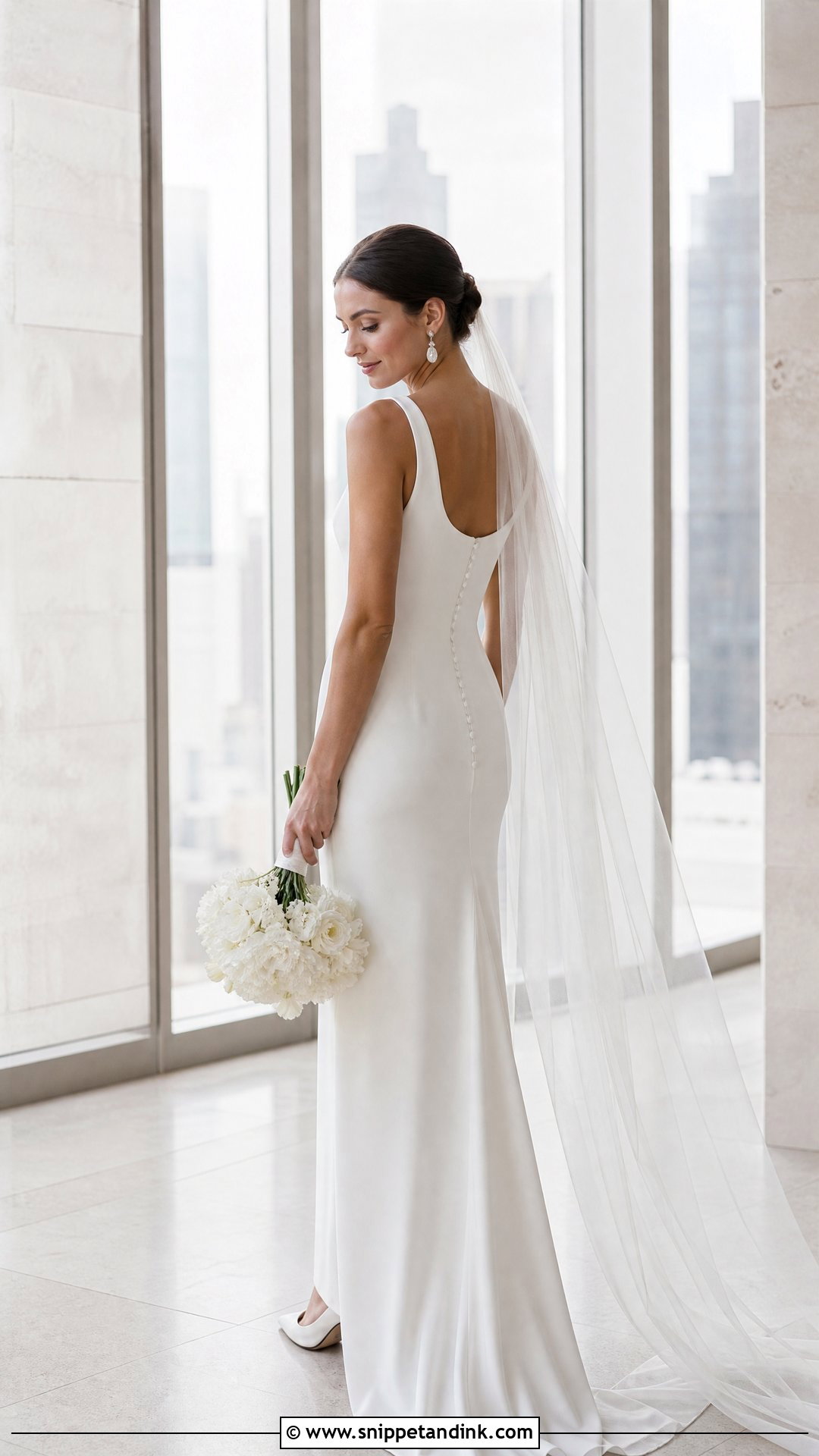 Minimalist Crepe Wedding Dress With Statement Earrings - Snippet and Ink - 20 Top Wedding Dresses