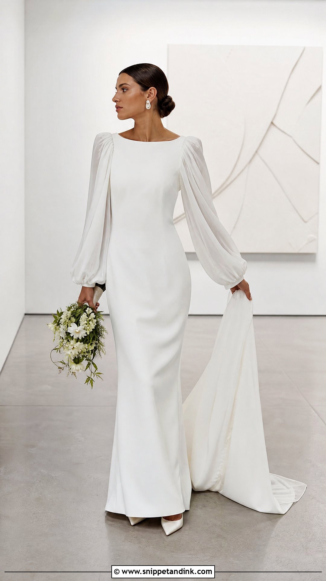 Minimalist Crepe Wedding Dress with Puffy Sleeves - Snippet and Ink - 20 Wedding Dresses with Puffy Sleeves