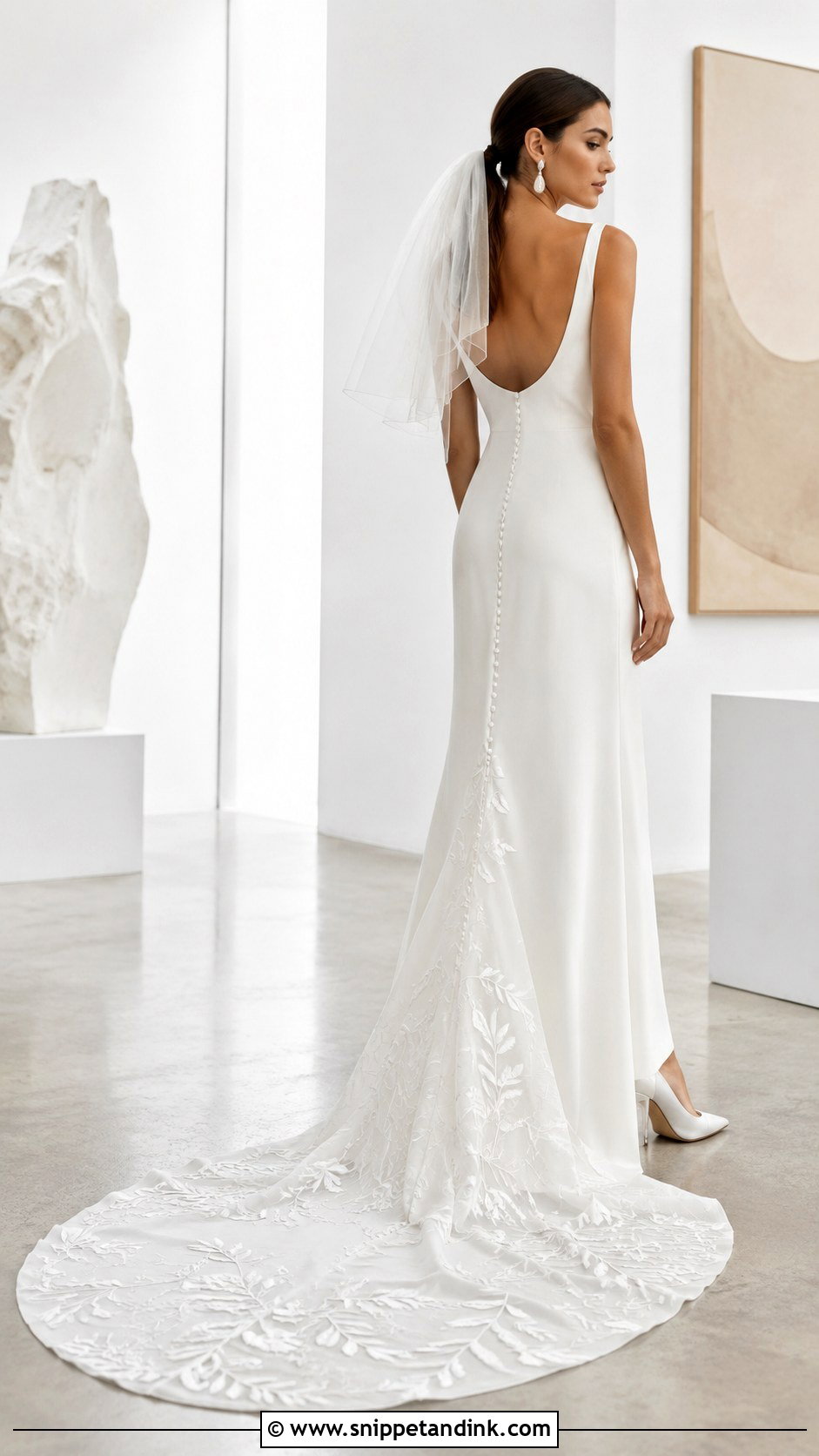 Minimalist Crepe Wedding Gown With Embroidered Train - Snippet and Ink - 20 Embroidered Wedding Gown Ideas