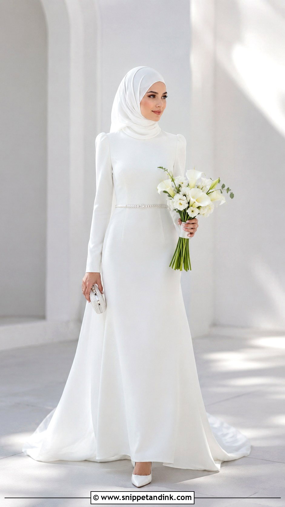 Minimalist Hijab Wedding Dress With Belt - Snippet and Ink - 25 Simple Hijab Wedding Dresses