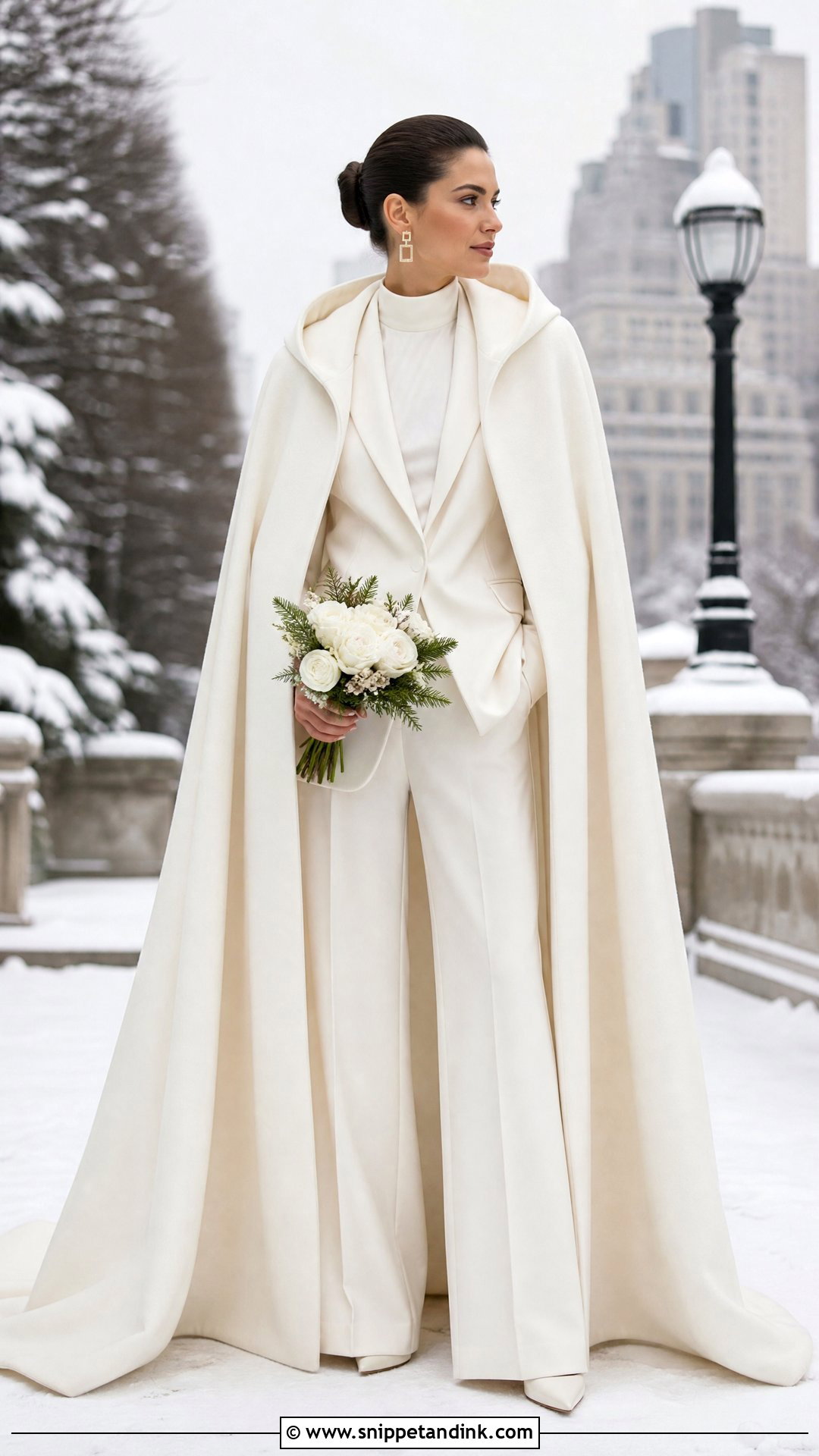 Minimalist Hooded Bridal Cape With Wedding Pantsuit - Snippet and Ink - 20 Winter Bridal Cape Ideas