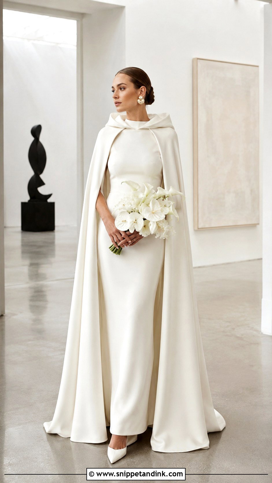 Minimalist Hooded Wedding Cape With Crepe Dress - Snippet and Ink - 20 Wedding Cape with Hood Ideas
