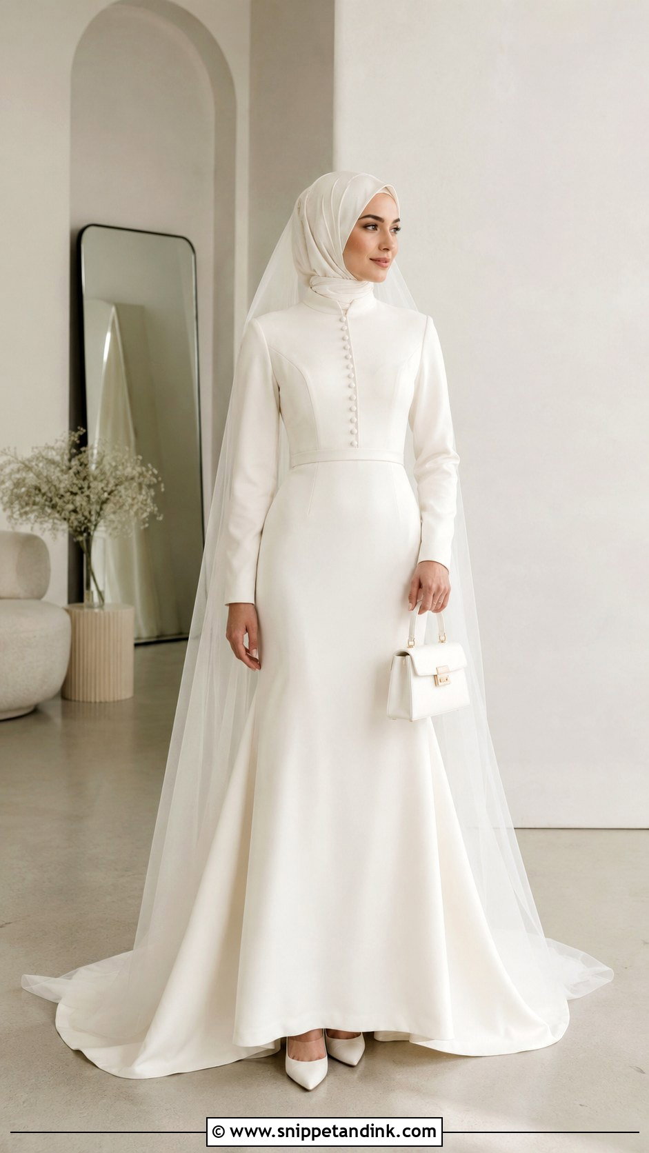 Minimalist Islamic Bridal Gown With Satin Hijab - Snippet and Ink - 20 Islamic Bride Dress Ideas