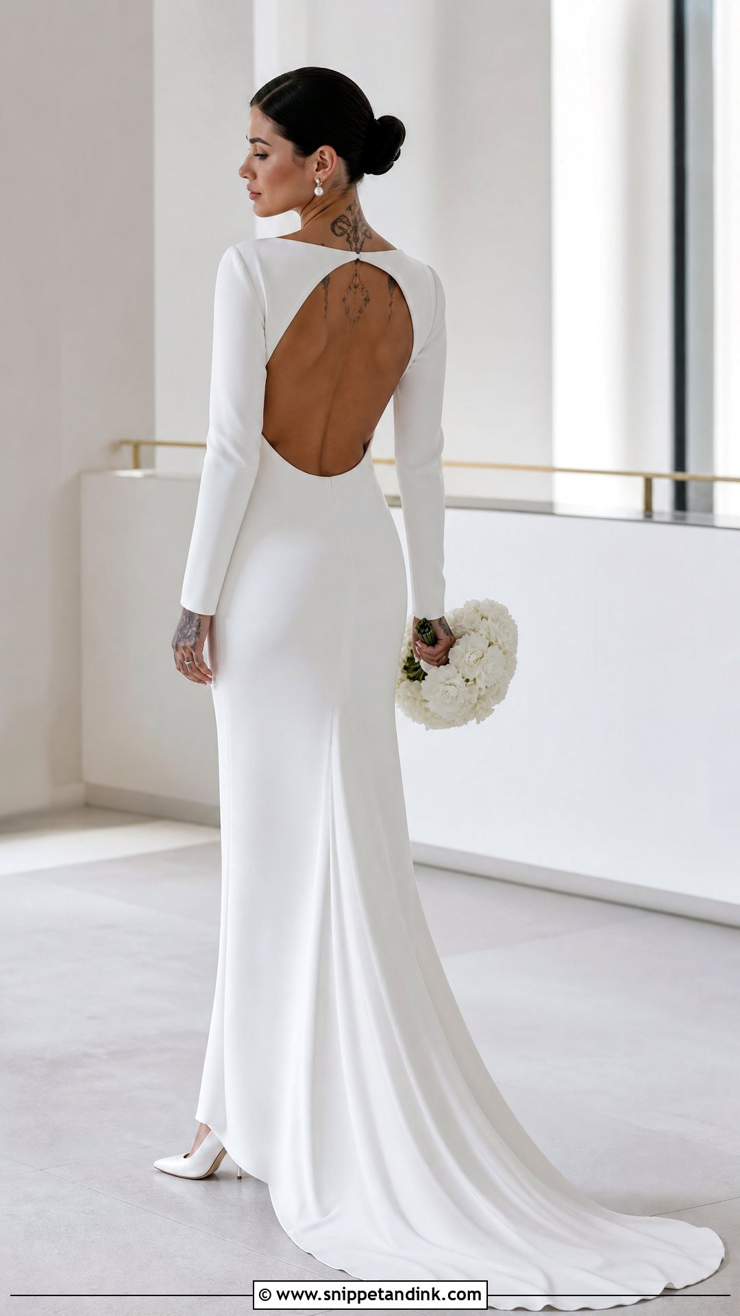 Minimalist Long Sleeve Crepe Wedding Dress - Snippet and Ink - 20 Wedding Dresses Tattooed Women