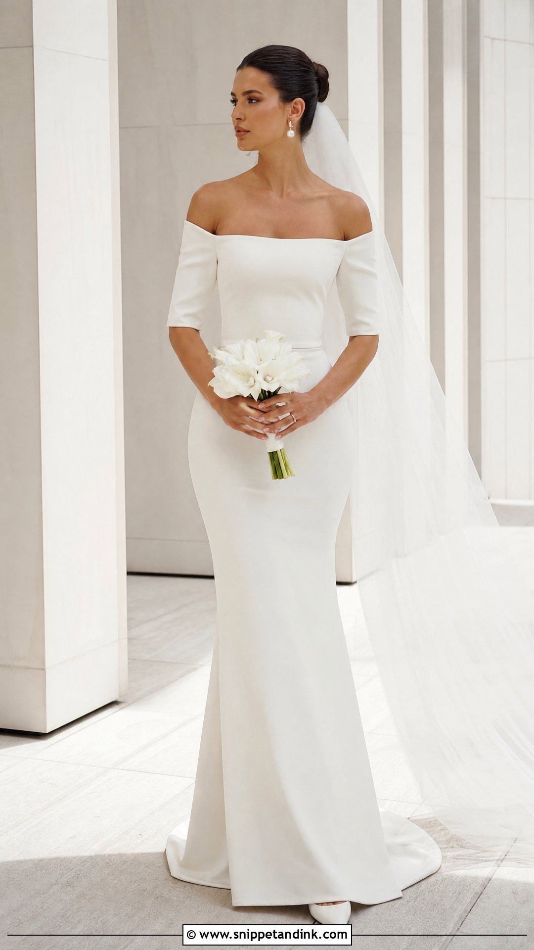 Minimalist Off the Shoulder Column Wedding Dress - Snippet and Ink - 20 Wedding Dress Off the Shoulder Sleeves