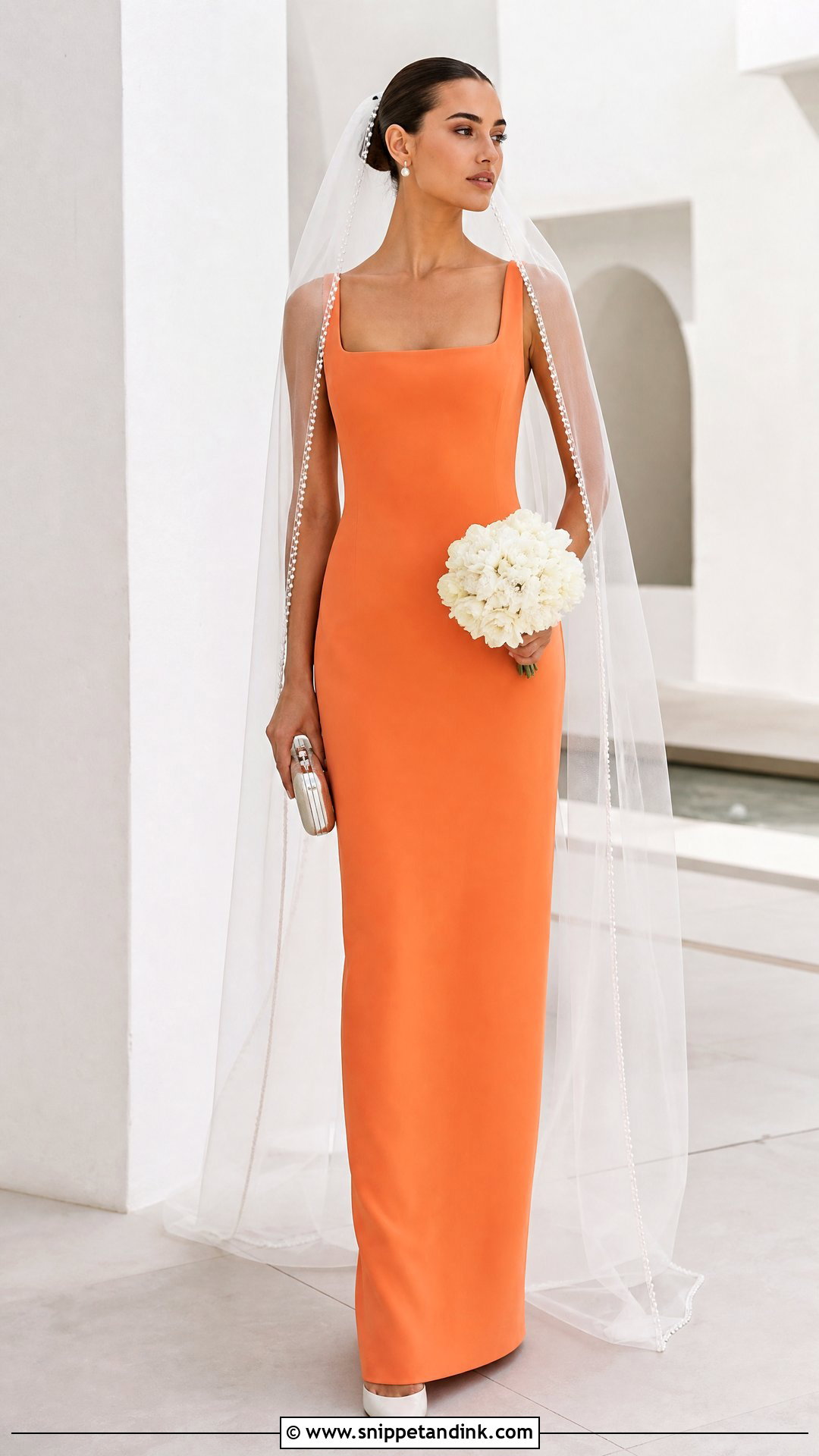 Minimalist Orange Column Bridal Gown With Pearl Veil - Snippet and Ink - 20 Orange Bridal Dress Ideas