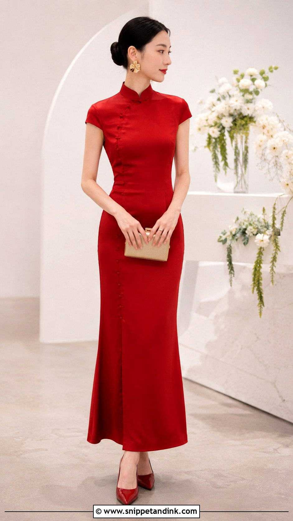 Minimalist Red Satin Qipao Wedding Dress - Snippet and Ink - 20 Red Chinese Wedding Dress Ideas