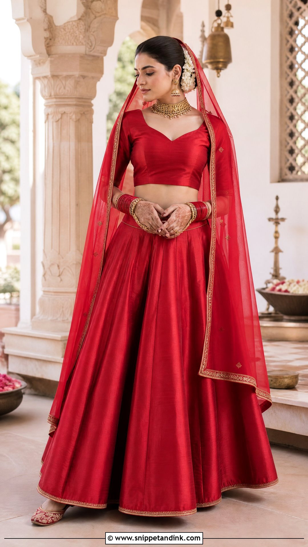 Minimalist Red Silk Lehenga Bride - Snippet and Ink - 20 Minimalist Indian Bride Ideas