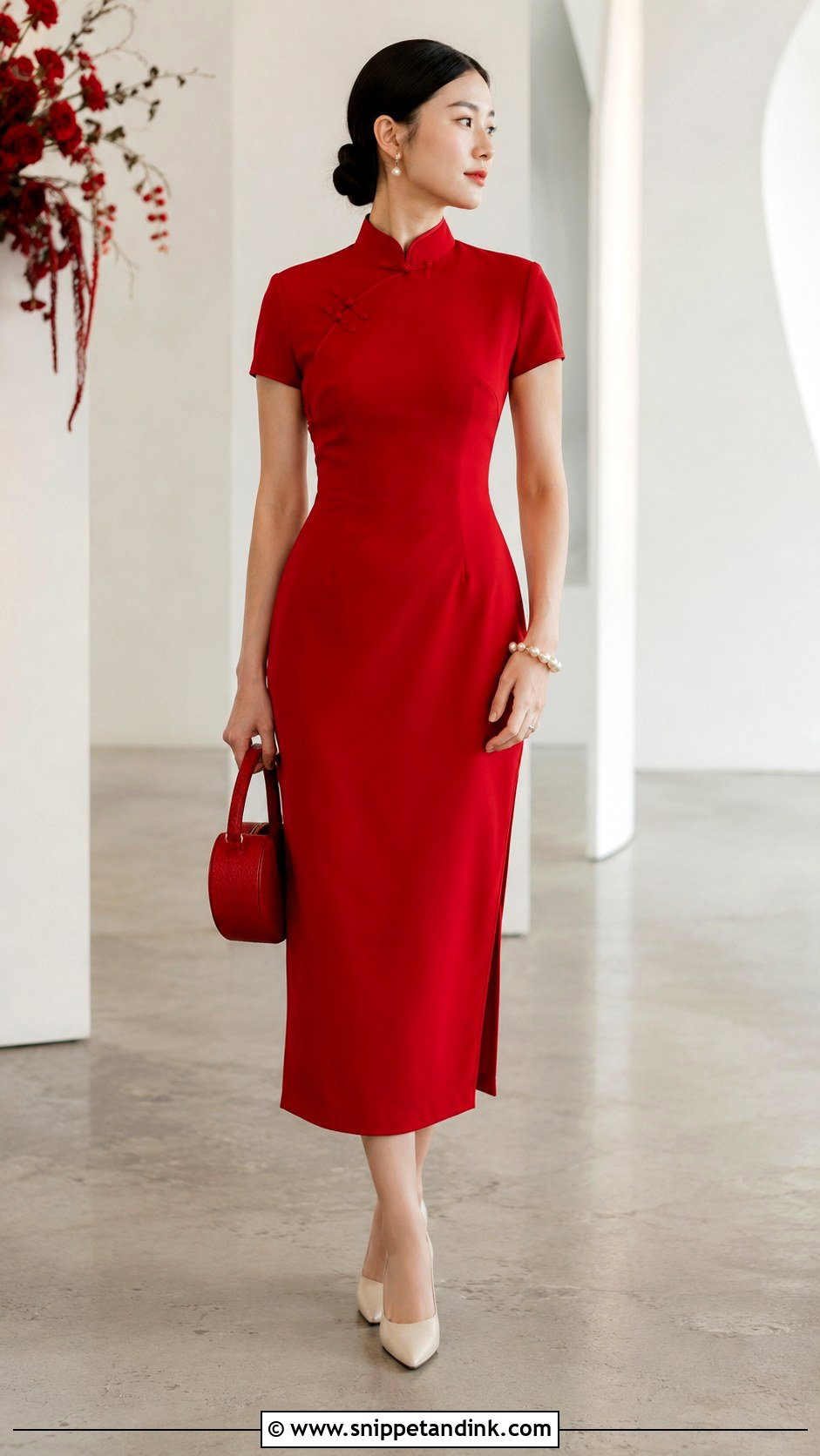 Minimalist Red Wedding Qipao With Pearl Accessories - Snippet and Ink - 20 Wedding Qipao Ideas