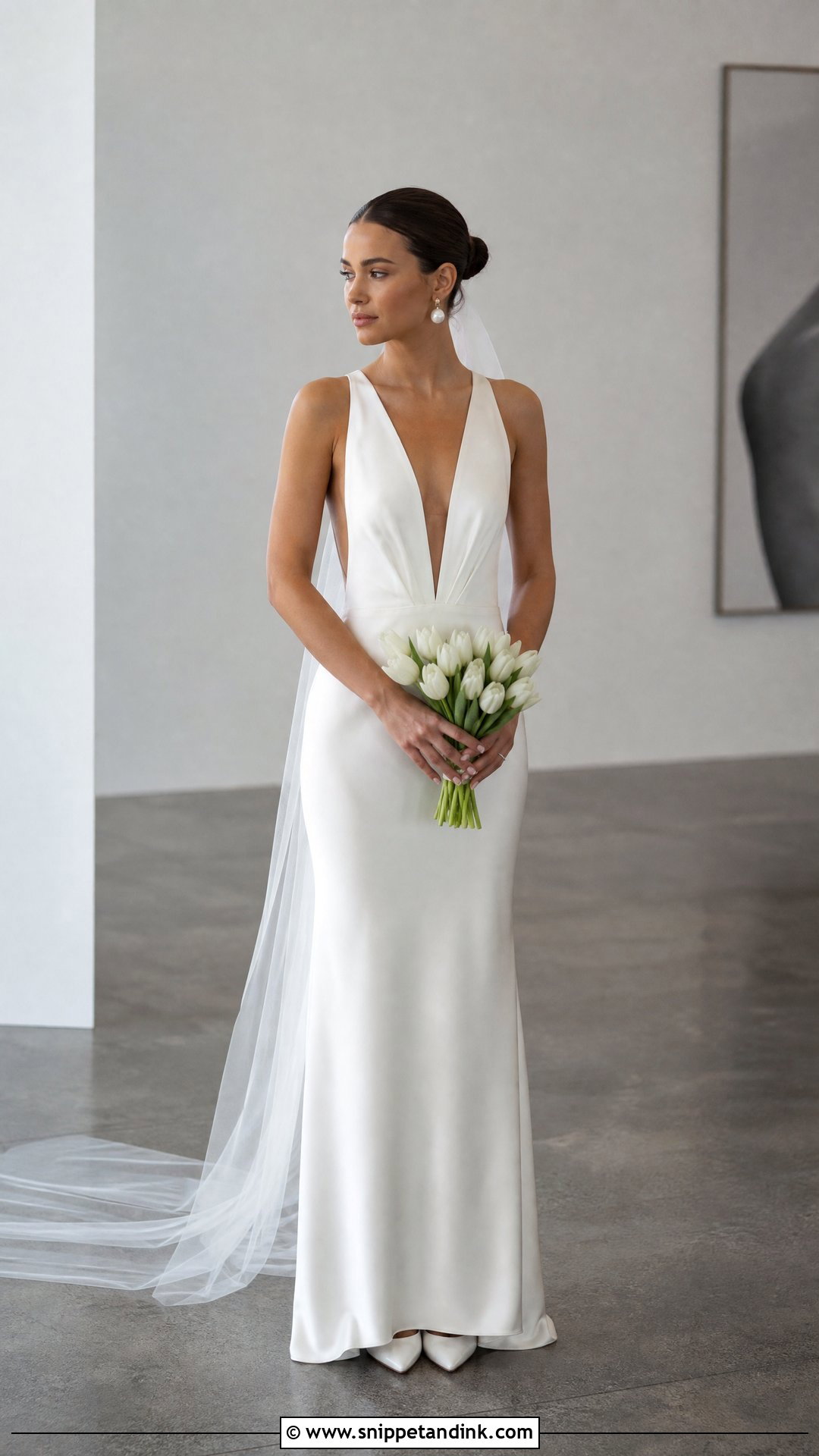 Minimalist Satin Plunge Neck Wedding Dress - Snippet and Ink - 20 Plunge Neck Wedding Dress Ideas