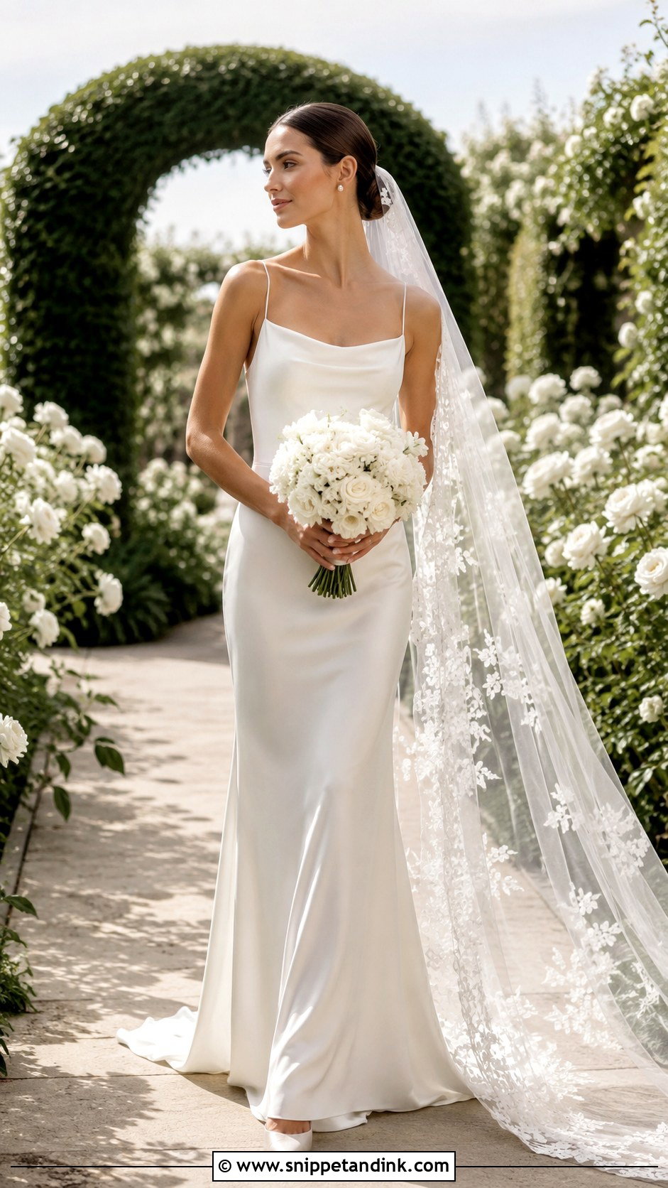 Minimalist Silk Wedding Dress With Floral Veil - Snippet and Ink - 20 Enchanted Garden Wedding Dress Ideas