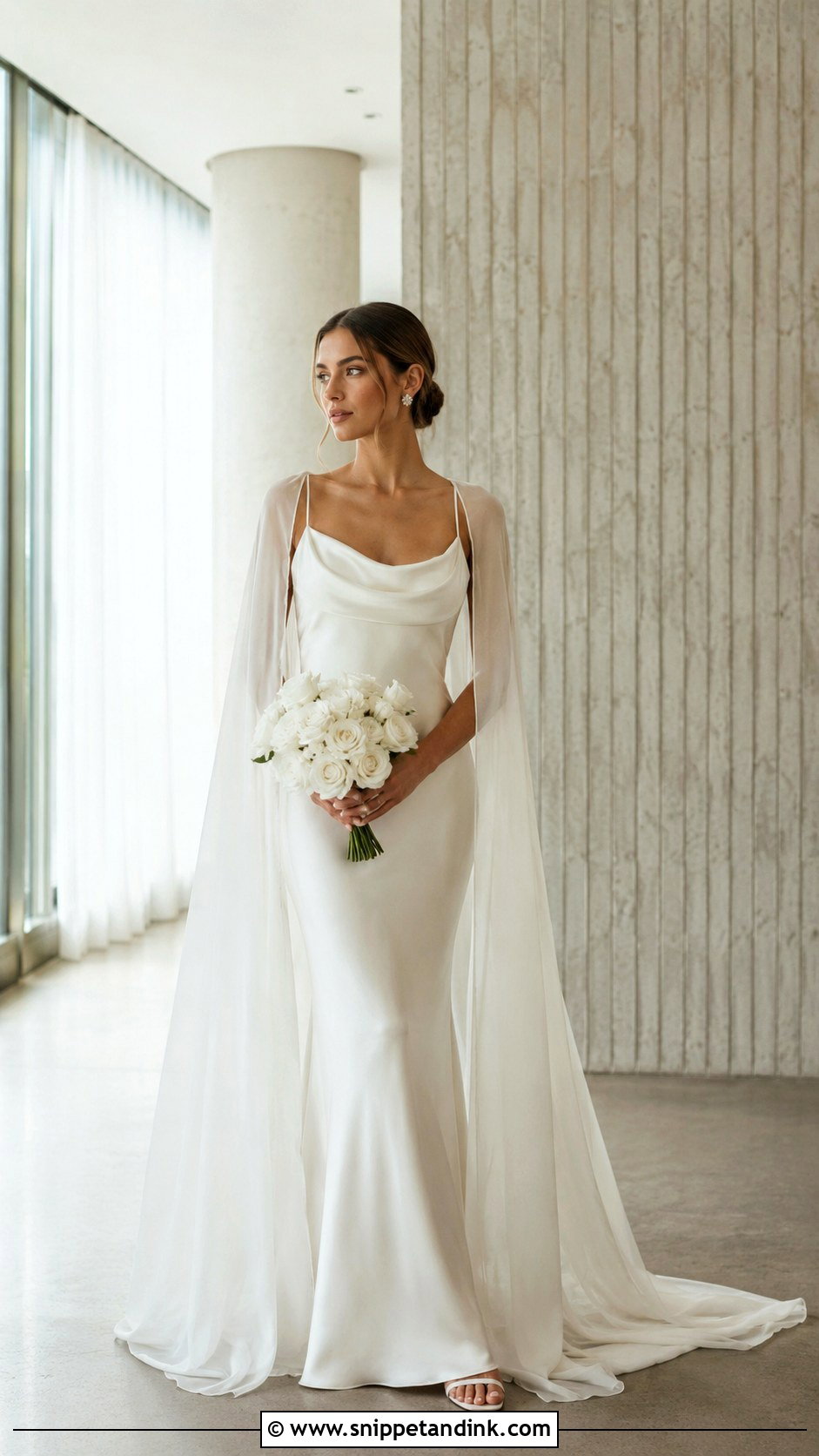 Minimalist Slip Wedding Dress With Detachable Cape - Snippet and Ink - 20 Detachable Cape Wedding Dress Ideas