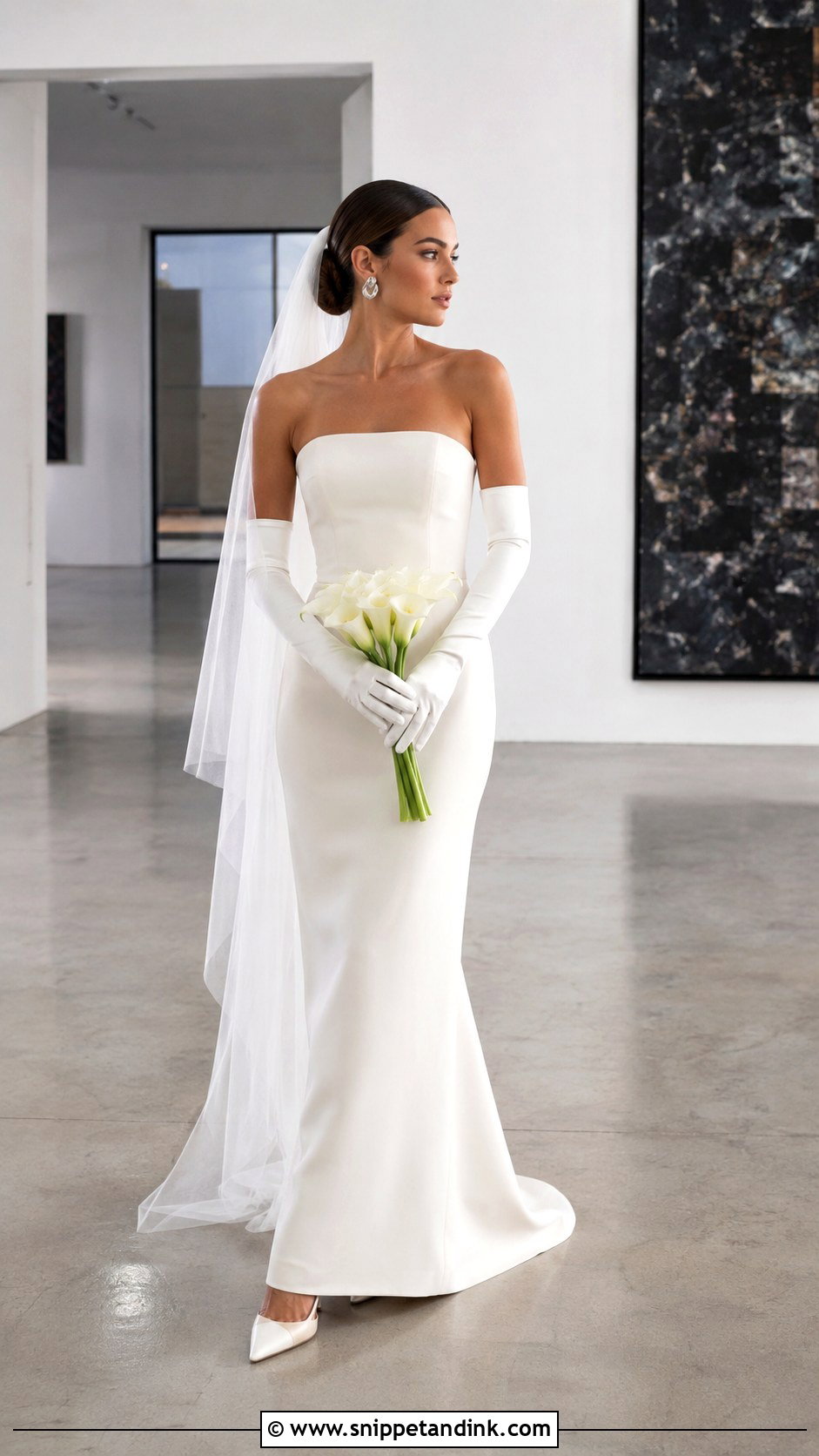 Minimalist Tube Wedding Dress With Long Gloves - Snippet and Ink - 20 Tube Wedding Dress Ideas