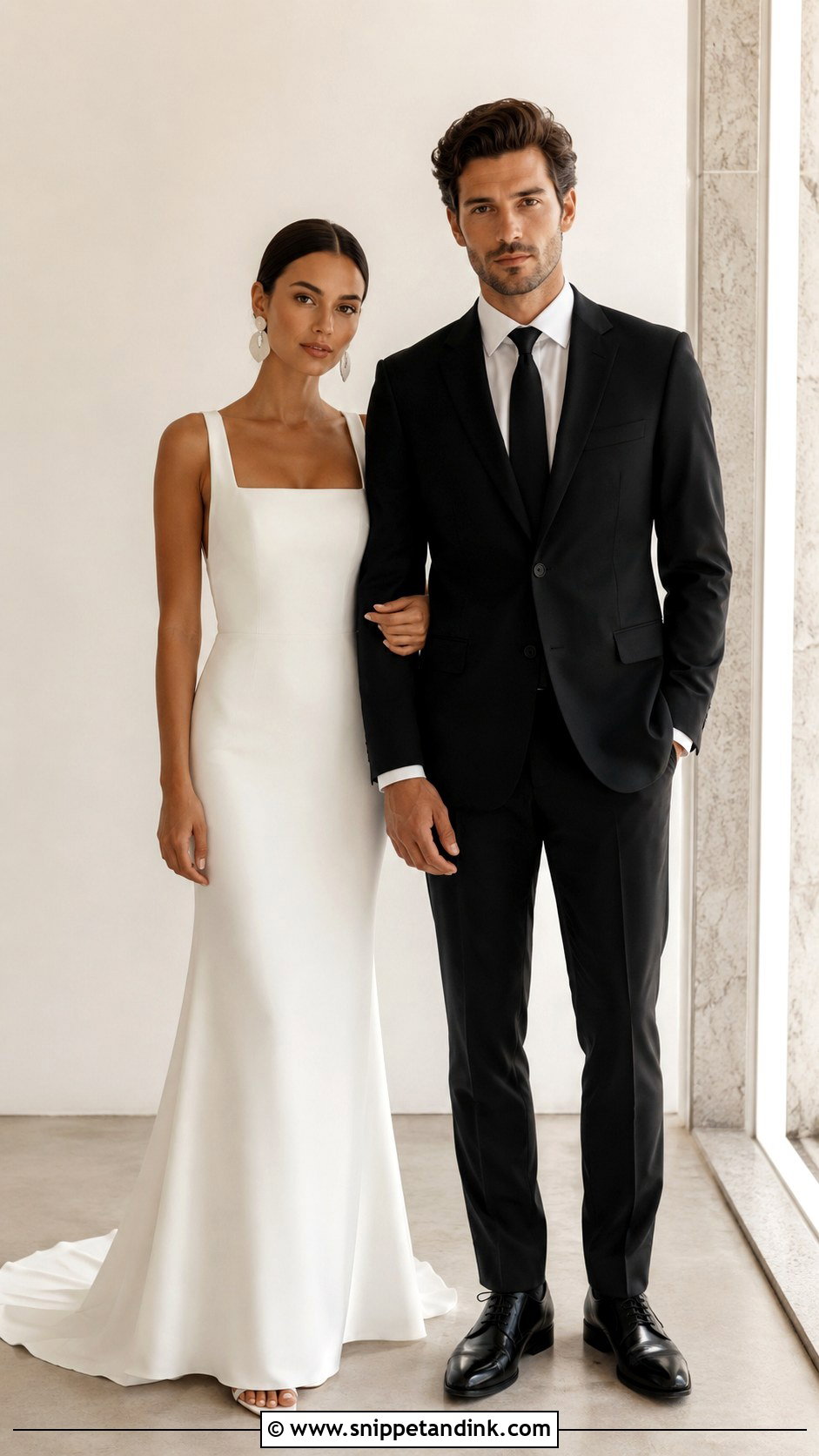 Minimalist Wedding Dress And Black Suit Wedding Couple Outfit - Snippet and Ink - 25 Wedding Couple Outfits