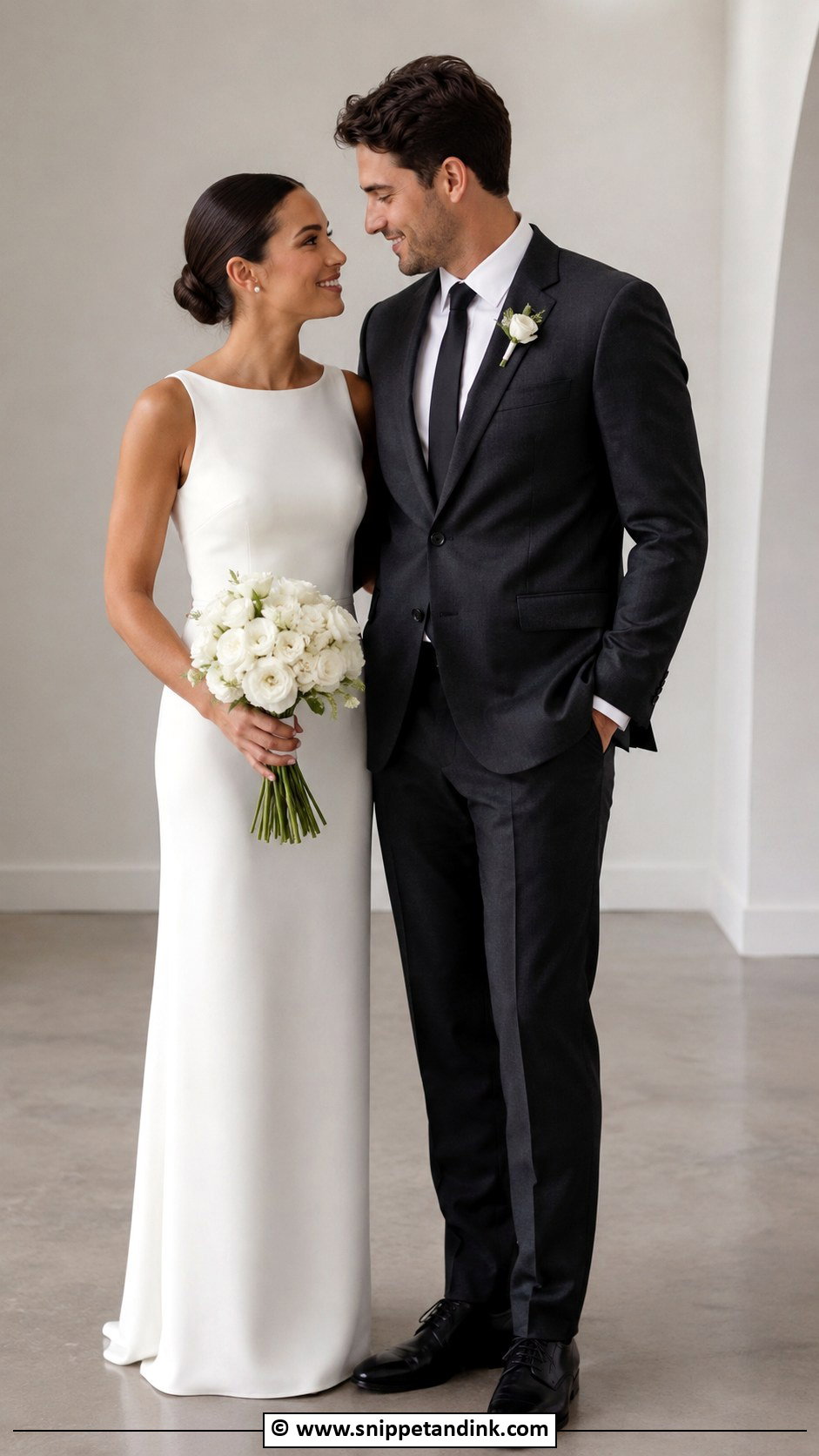 Minimalist Wedding Dress And Charcoal Suit - Snippet and Ink - 30 Couple Wedding Dress Ideas