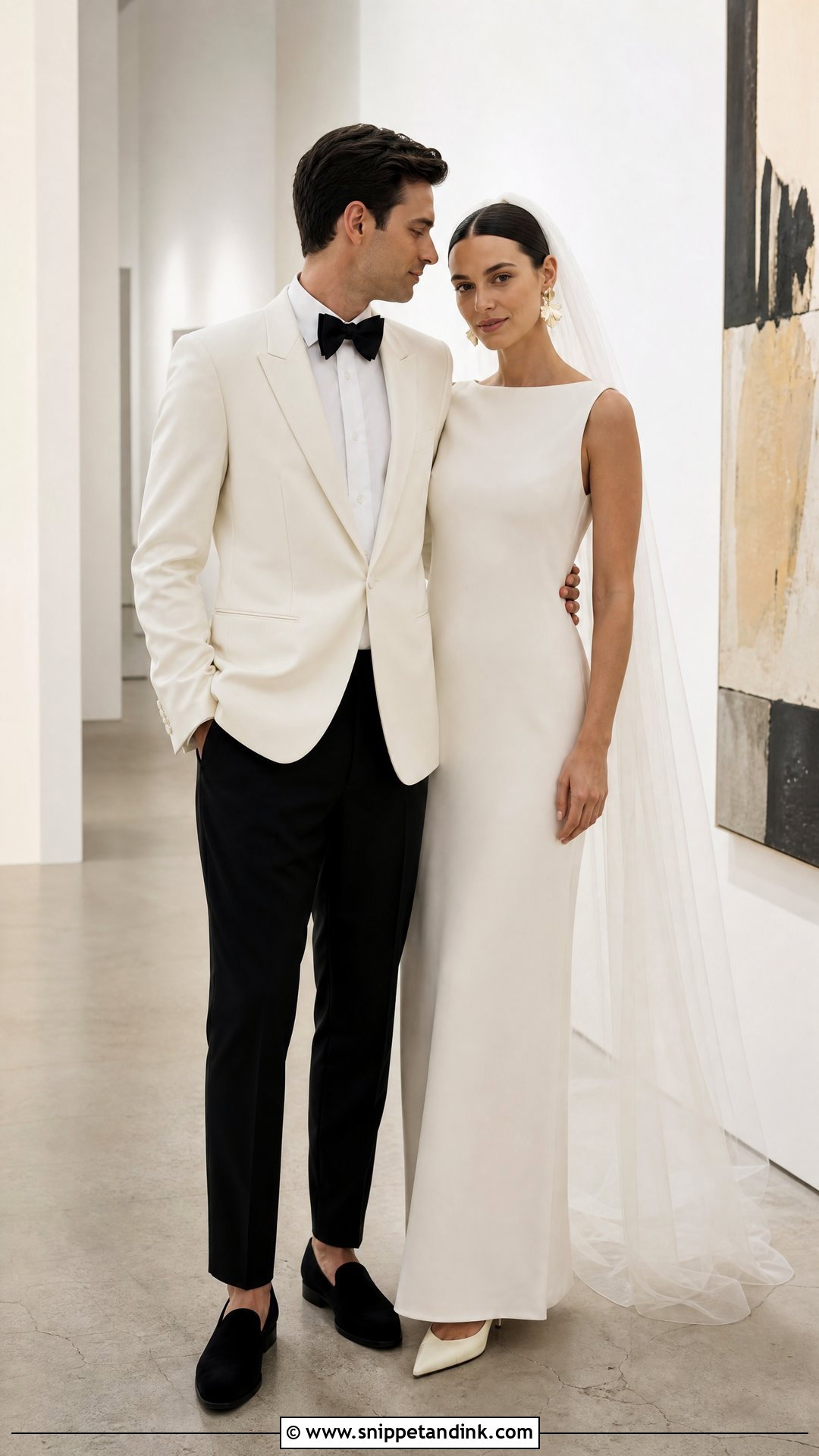 Minimalist Wedding Dress And Ivory Tuxedo Outfit - Snippet and Ink - 25 Wedding Outfits for Couples