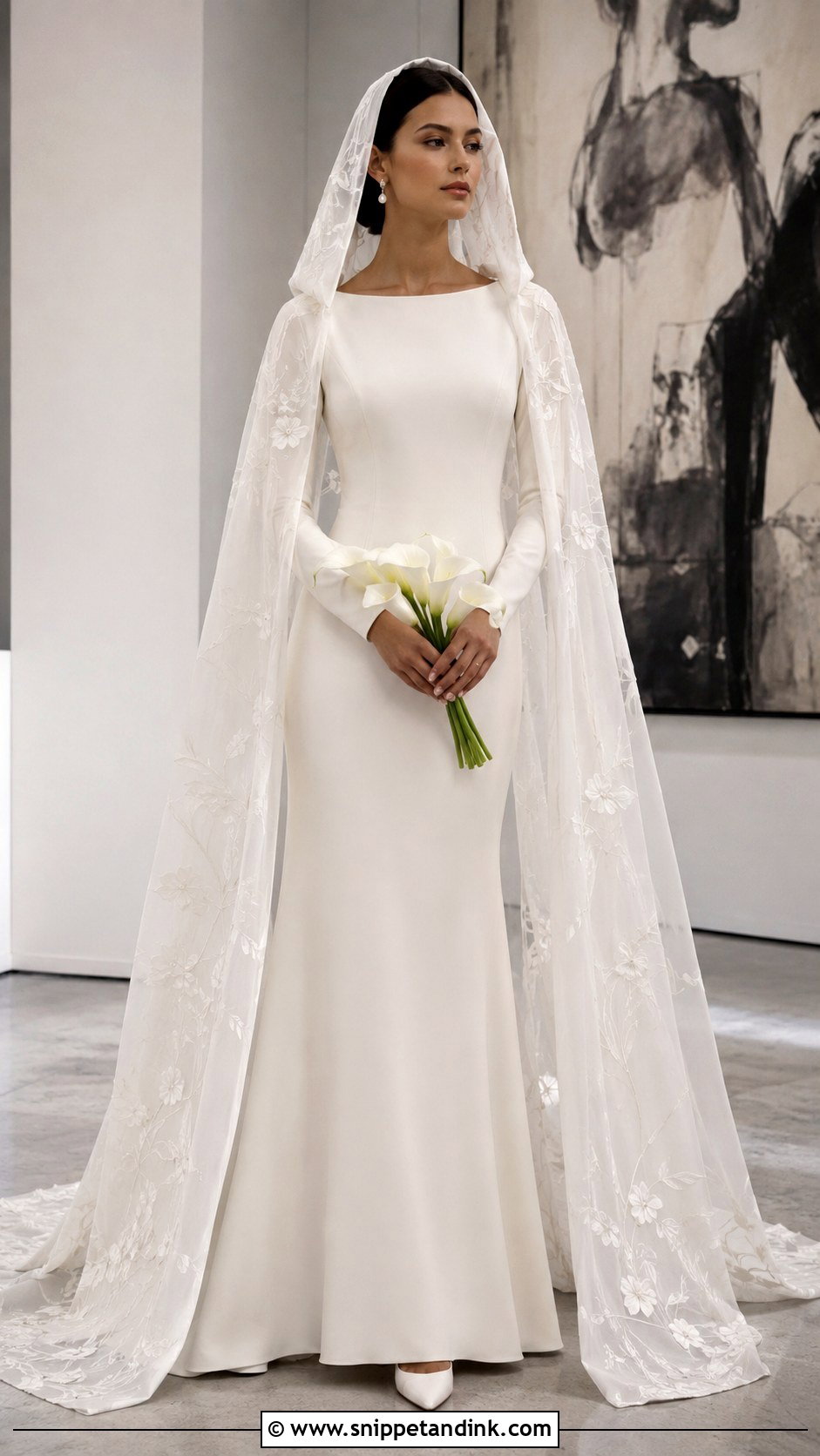 Minimalist Wedding Dress With Hooded Cape - Snippet and Ink - 20 Lilly Collin’s Wedding Dress Ideas