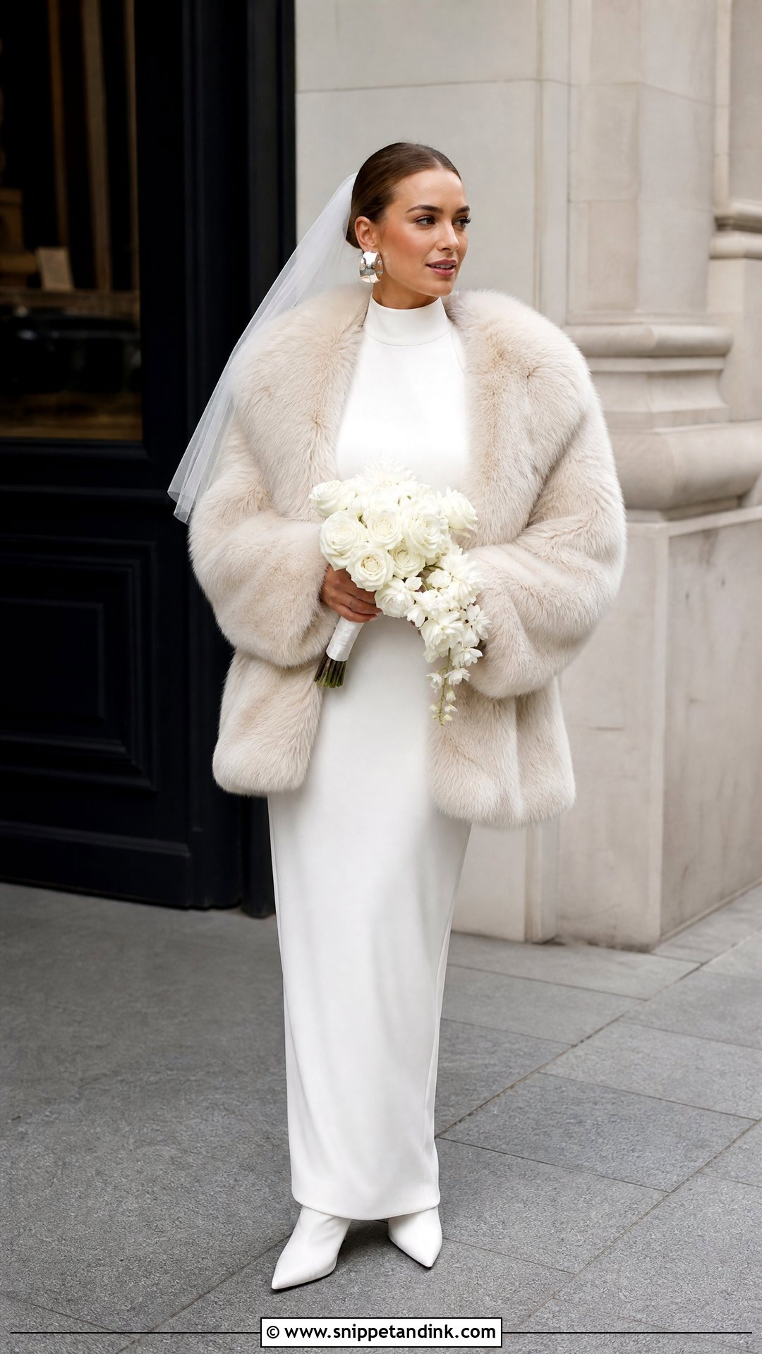 Minimalist Wedding Dress With Oversized Fur Coat - Snippet and Ink - 20 Wedding Dress with Fur Coat Ideas