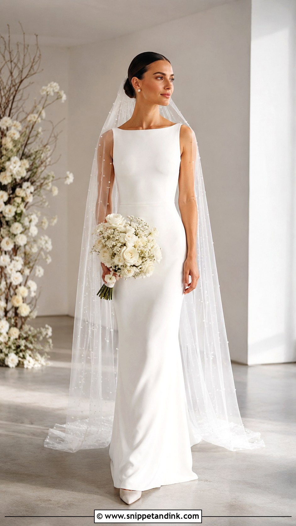 Minimalist Wedding Dress With Pearl Veil - Snippet and Ink - 25 December Wedding Dress Ideas