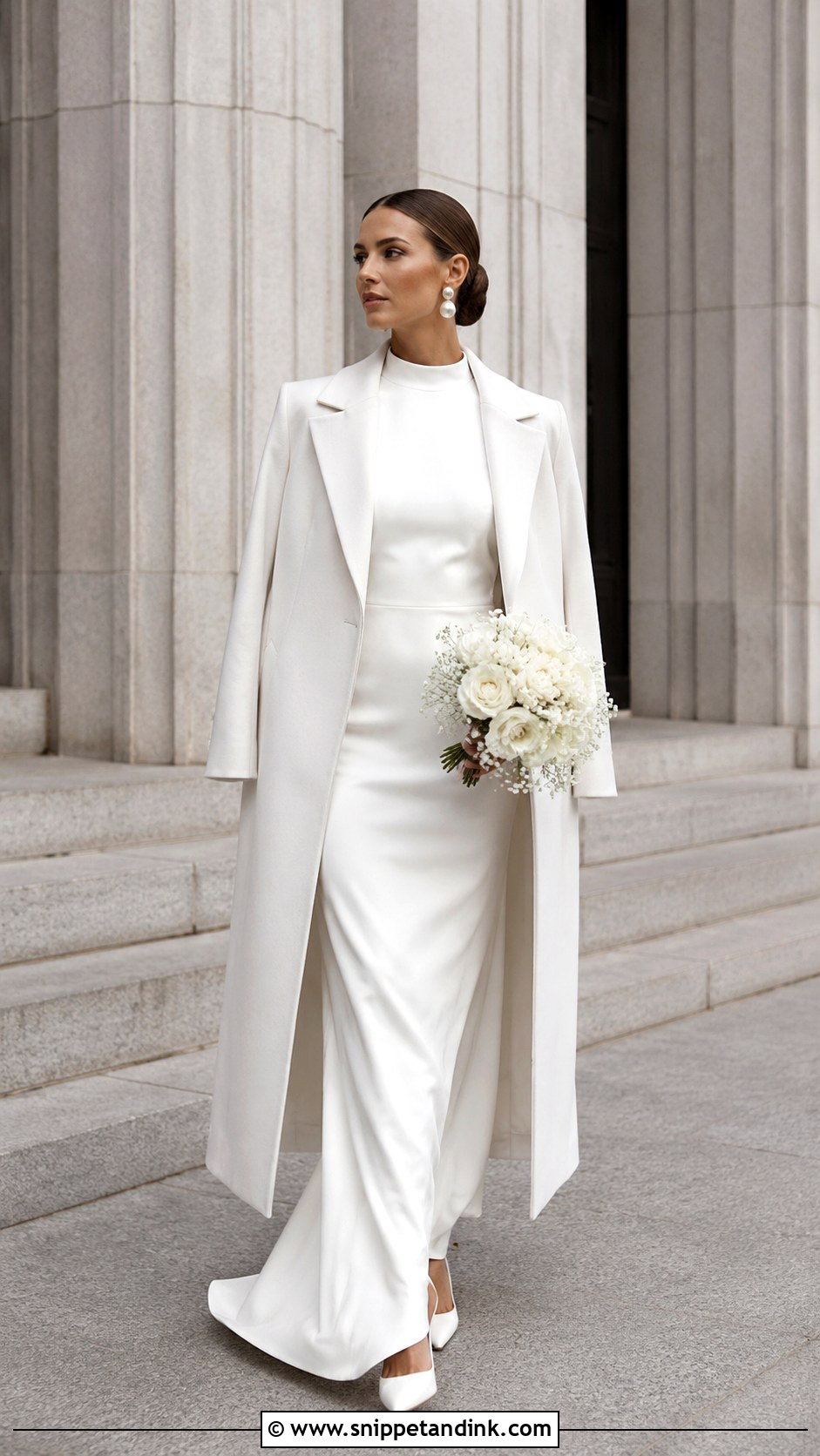 Minimalist Wedding Dress With Tailored White Coat - Snippet and Ink - 20 January Wedding Dress Ideas