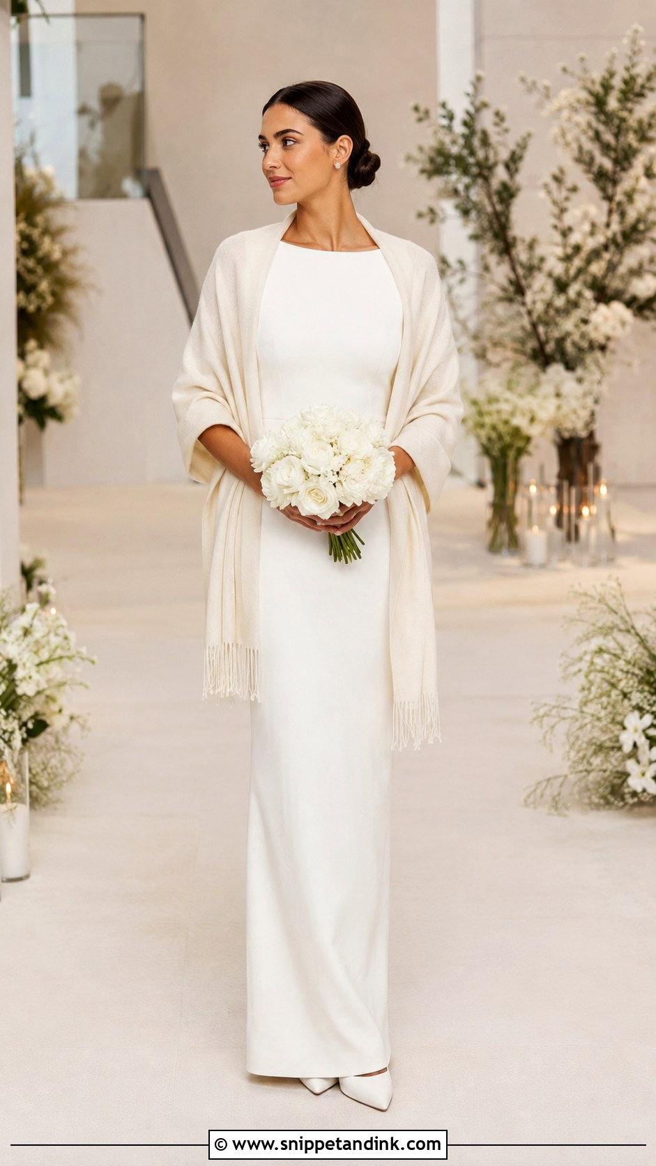 Minimalist Winter Bridal Gown With Cashmere Wrap - Snippet and Ink - 20 Winter Bridal Outfit Ideas