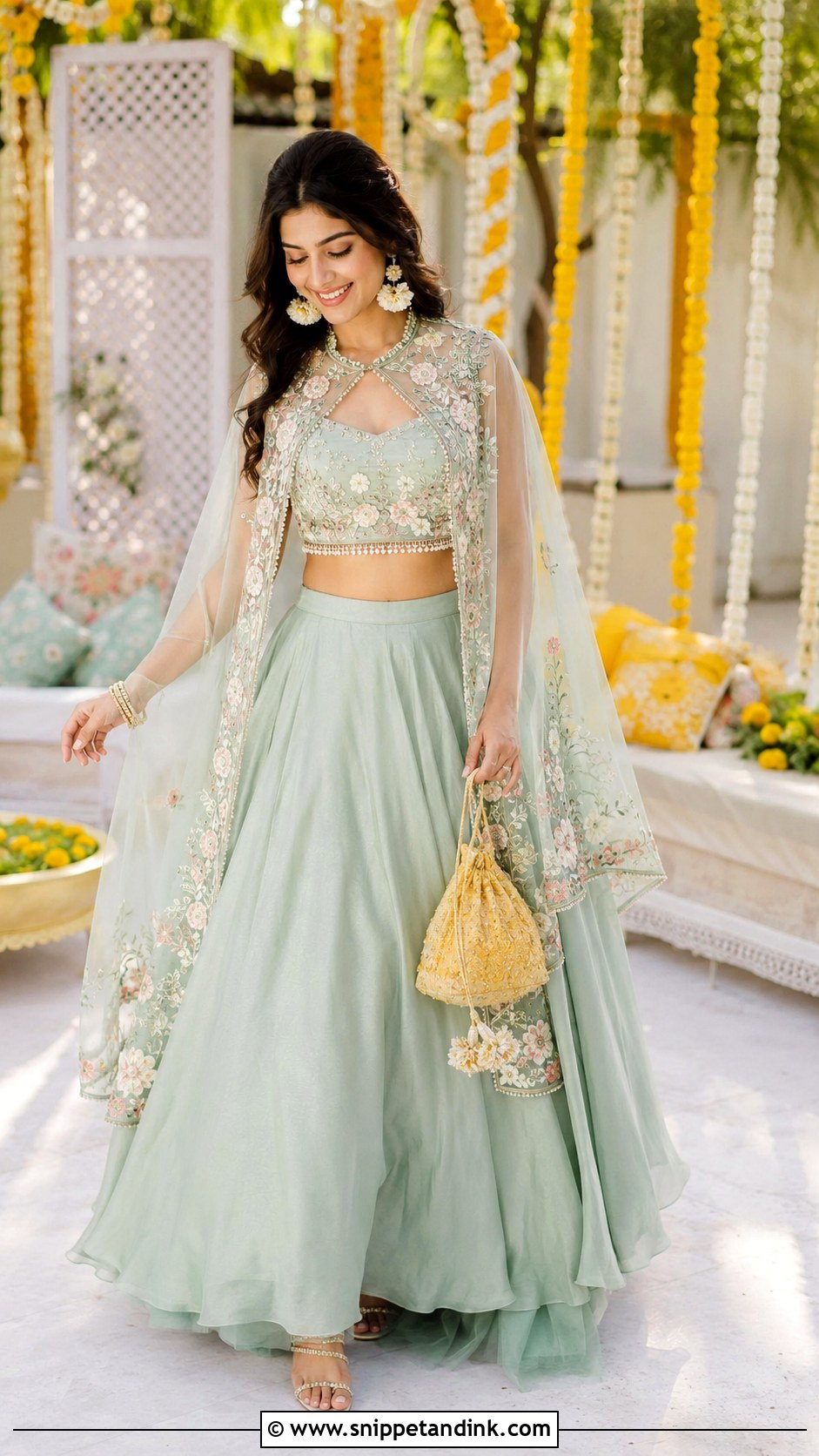 Mint Cape And Skirt Haldi Outfit - Snippet and Ink - 20 Colourful Haldi Outfit Ideas