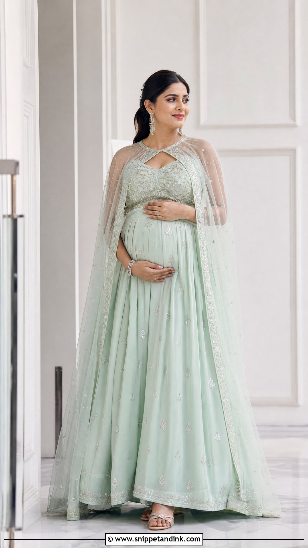 Mint Cape Lehenga Godbharai Look - Snippet and Ink - 25 Godbharai Look Ideas