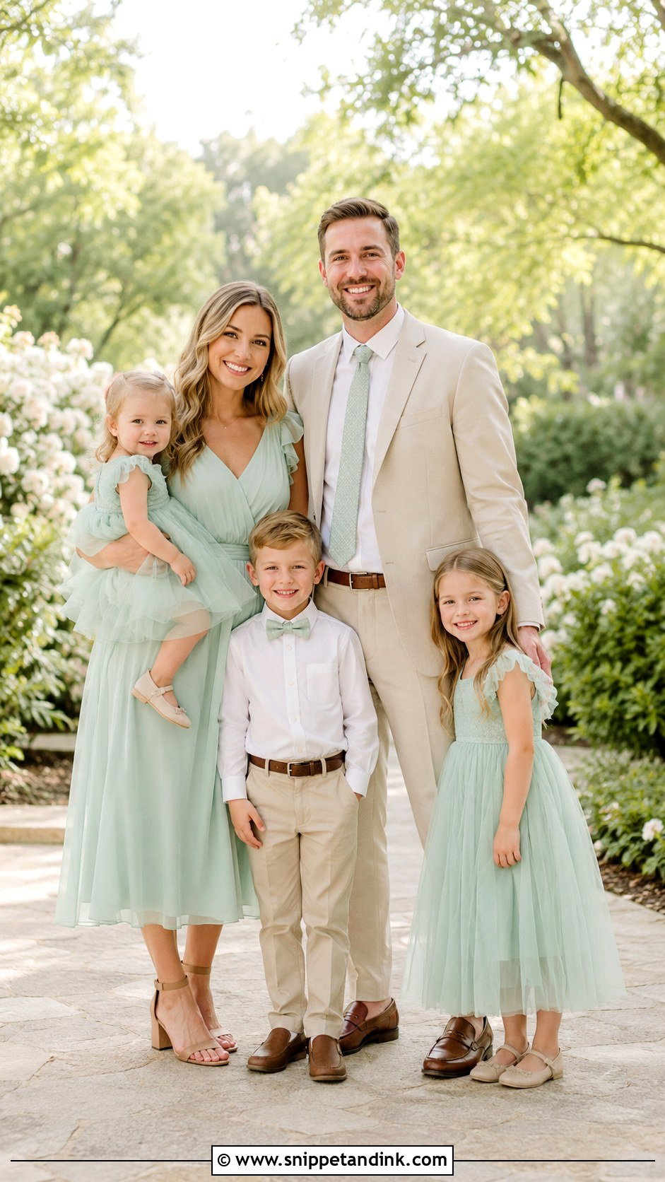Mint Dress And Beige Suit Family Wedding Outfit - Snippet and Ink - 25 Family Wedding Outfits