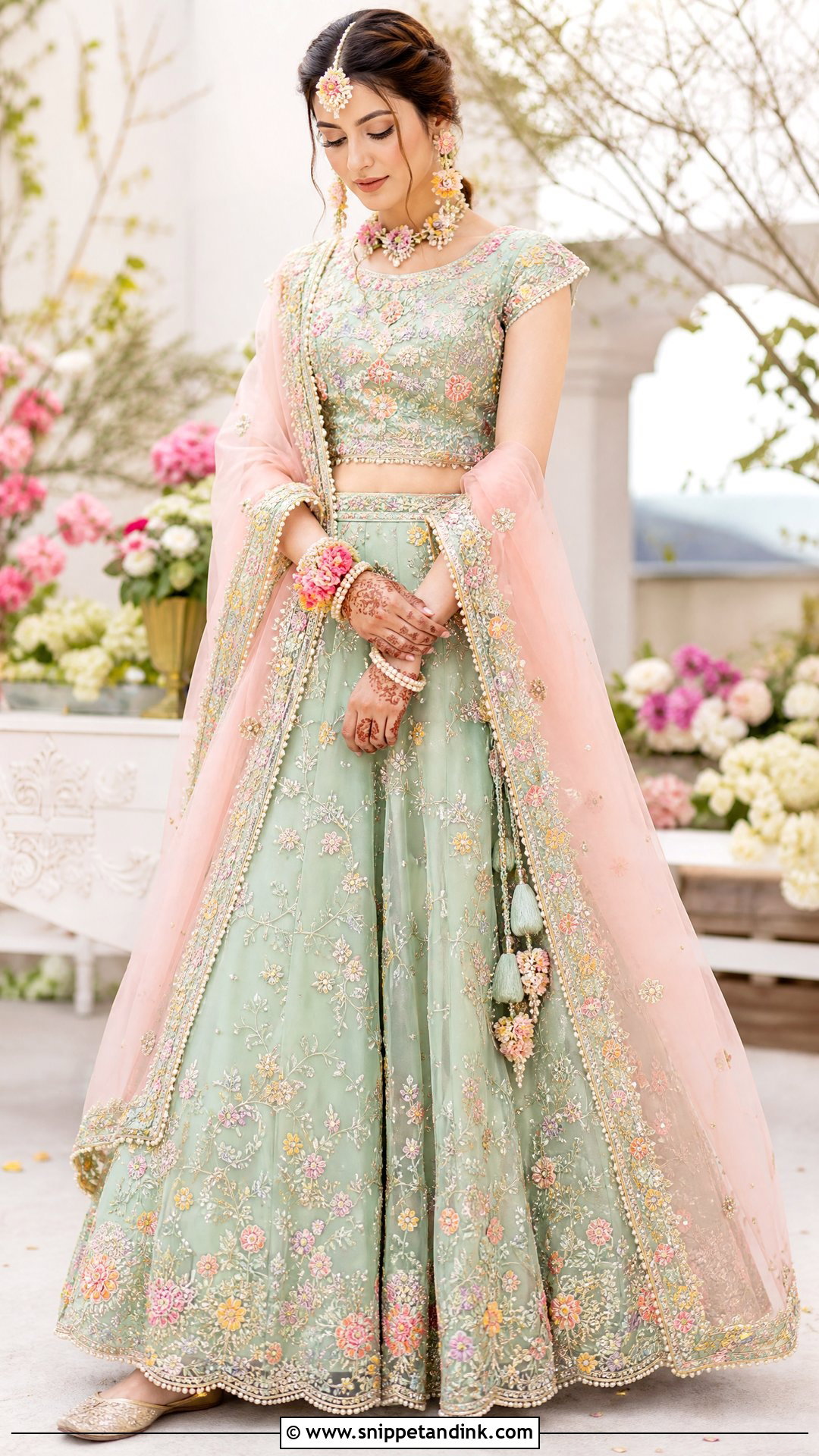 Mint Floral Bridal Mehndi Lehenga - Snippet and Ink - 20 Pakistani Bridal Mehndi Dress Ideas