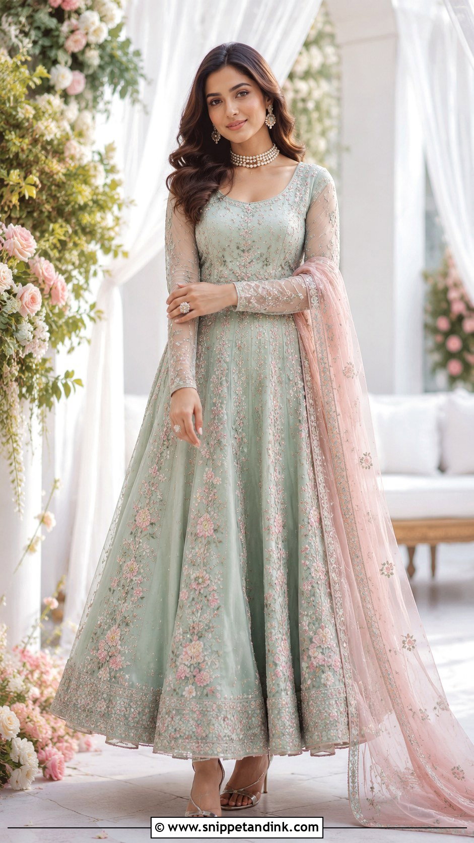 Mint Green Bridal Anarkali Suit With Floral Embroidery - Snippet and Ink - 25 Bridal Anarkali Suits