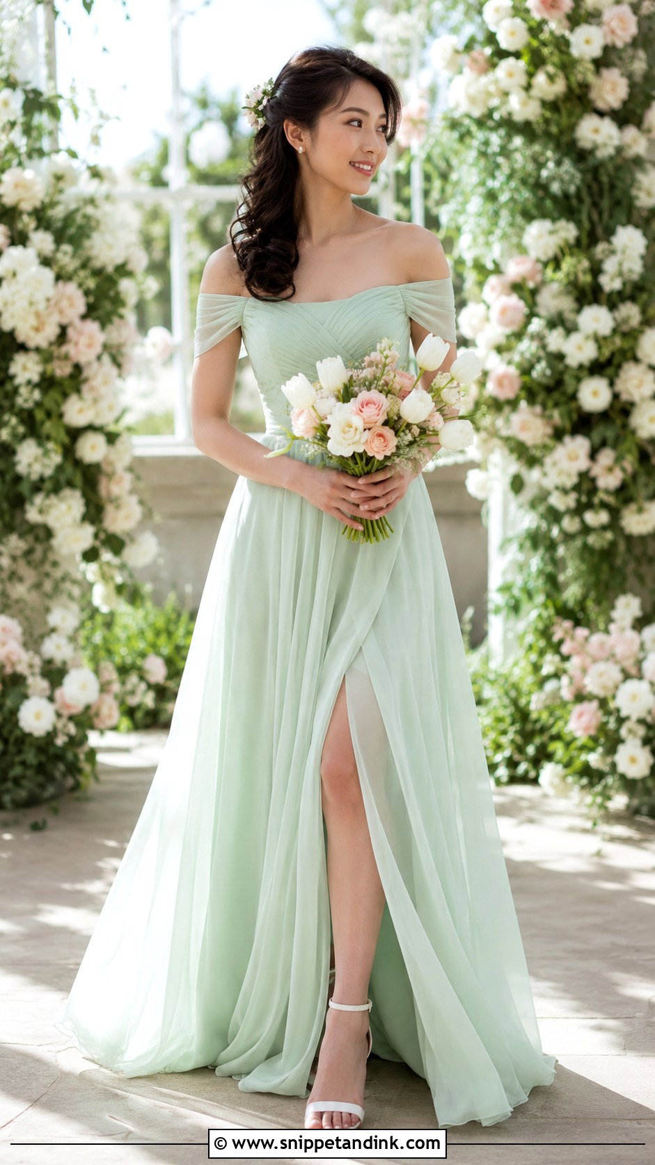 Mint Green Bridal Dress With Off Shoulder Neckline - Snippet and Ink - 25 Green Bridal Dress Ideas