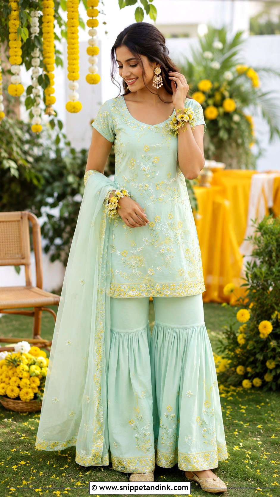 Mint Green Bridal Haldi Sharara - Snippet and Ink - 25 Bridal Haldi Dress Ideas