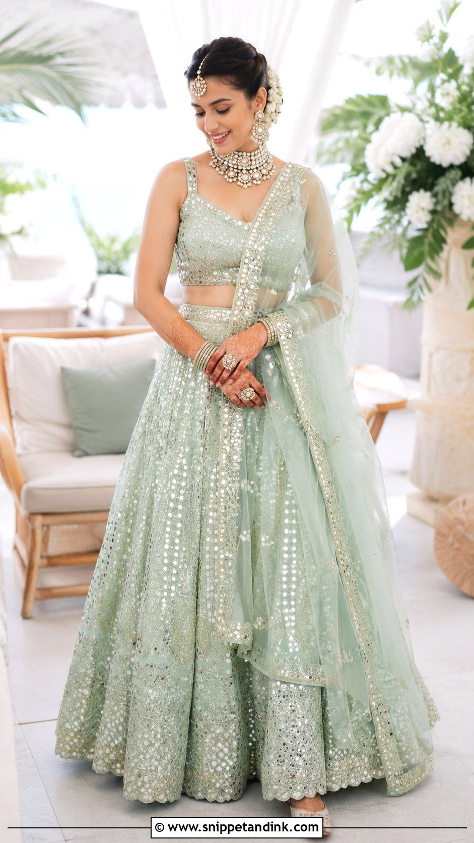 Mint Green Bridal Lehenga With Mirror Work - Snippet and Ink - 25 Indian Weddings Bridal Lehnga Dress Ideas