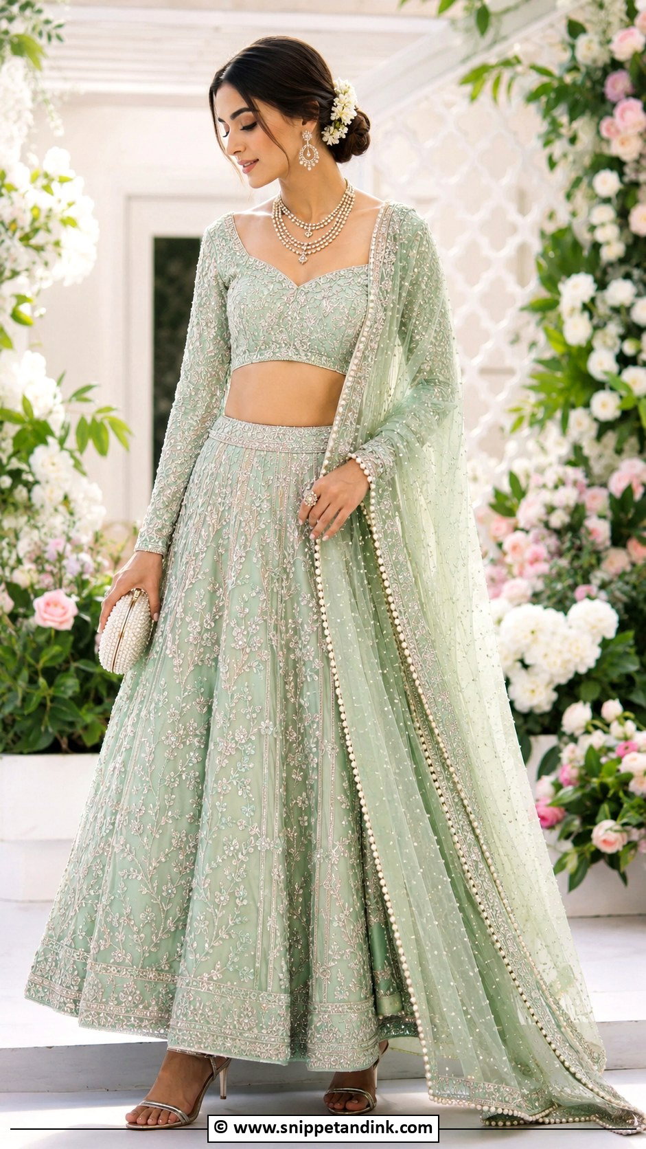 Mint Green Bridal Lengha With Pearl Dupatta - Snippet and Ink - 30 Bridal Lengha Ideas