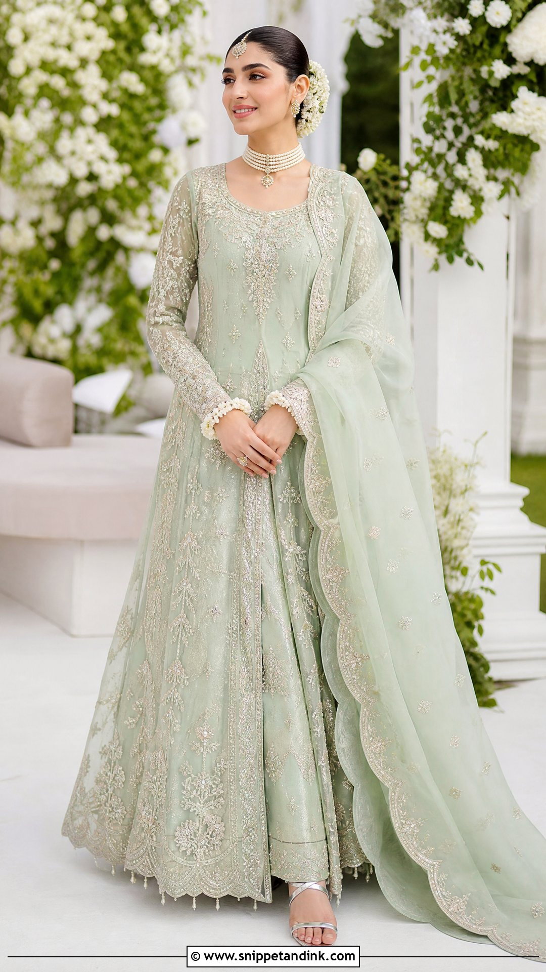 Mint Green Bridal Pishwas With Organza Dupatta - Snippet and Ink - 25 Latest Bridal Dresses Pakistan