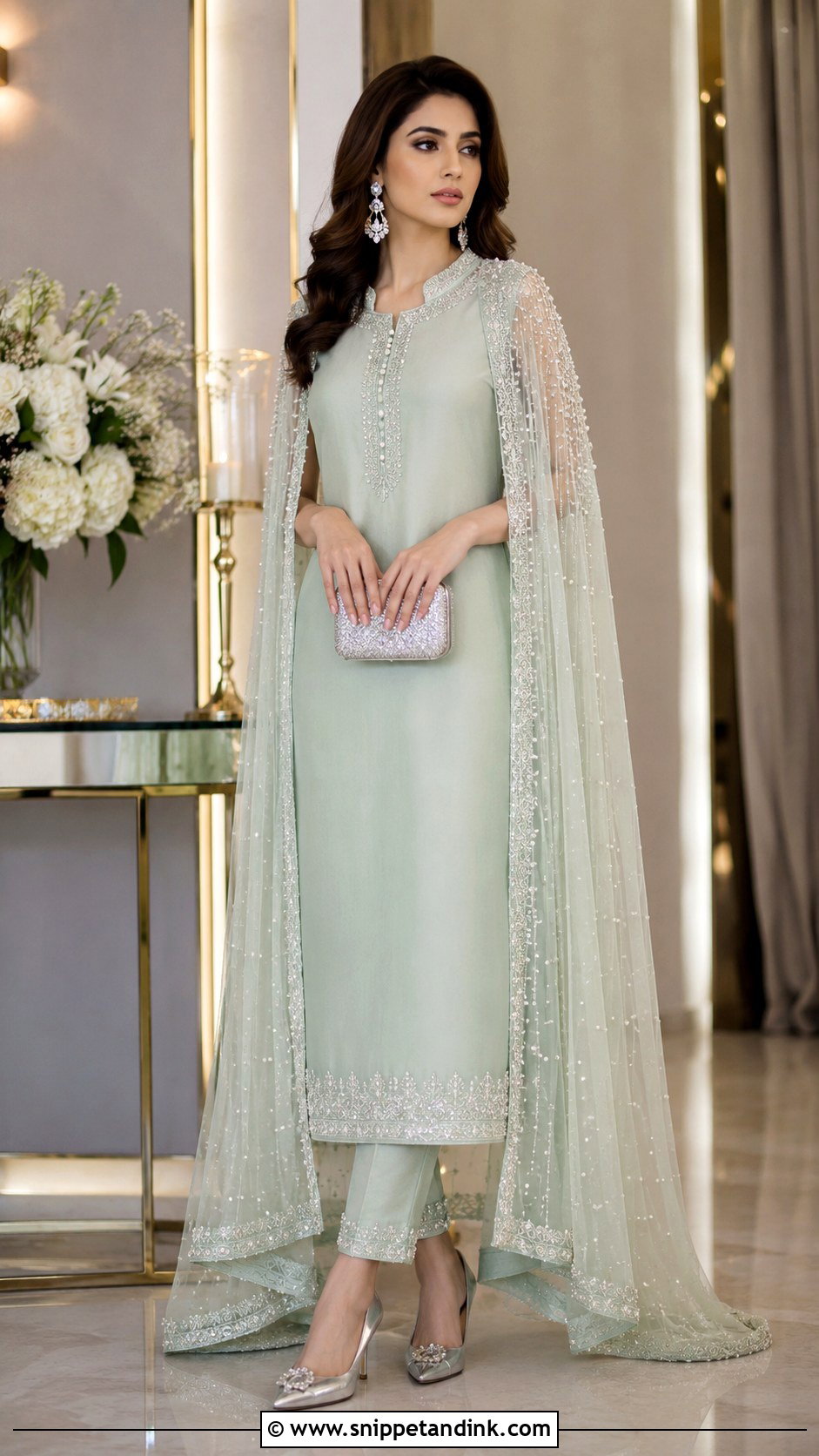 Mint Green Cape Dress Pakistani Walima Dress - Snippet and Ink - 20 Pakistani Cousin Wedding Dress Ideas