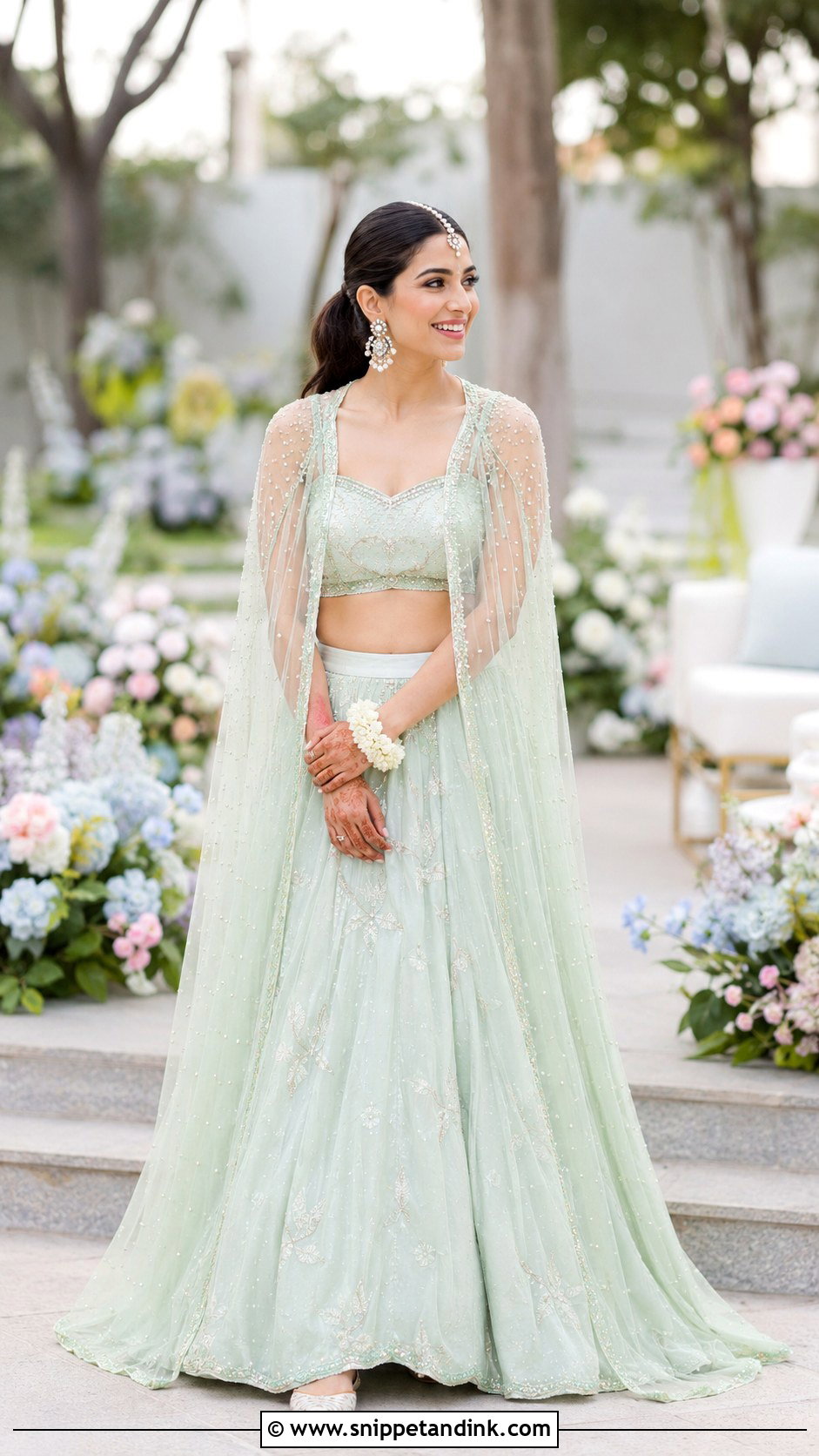 Mint Green Cape Lehenga for Mehendi - Snippet and Ink - 20 Haldi Mehendi Outfit for Bride Ideas