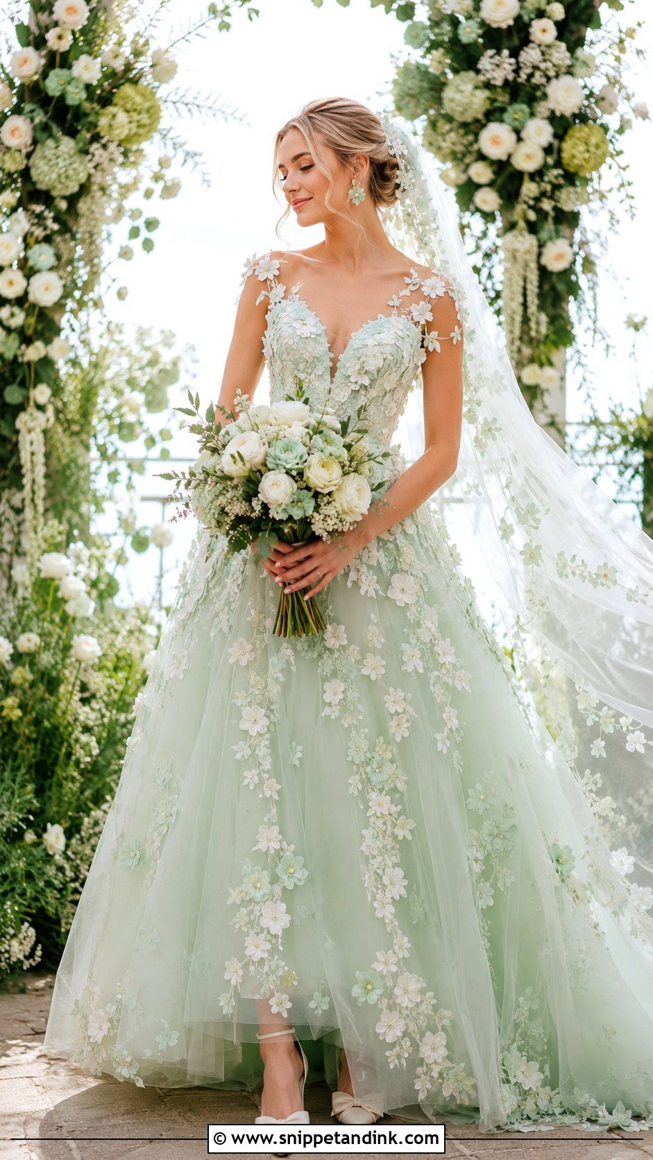 Mint Green Floral Applique Wedding Dress - Snippet and Ink - 20 Mint Green Wedding Dress Ideas