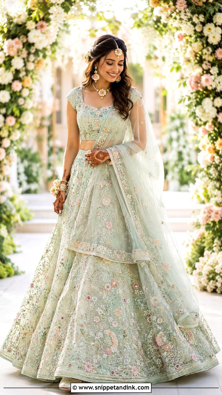 Mint Green Floral Bridal Mehndi Lehenga - Snippet and Ink - 20 Green Bridal Mehndi Outfit Ideas