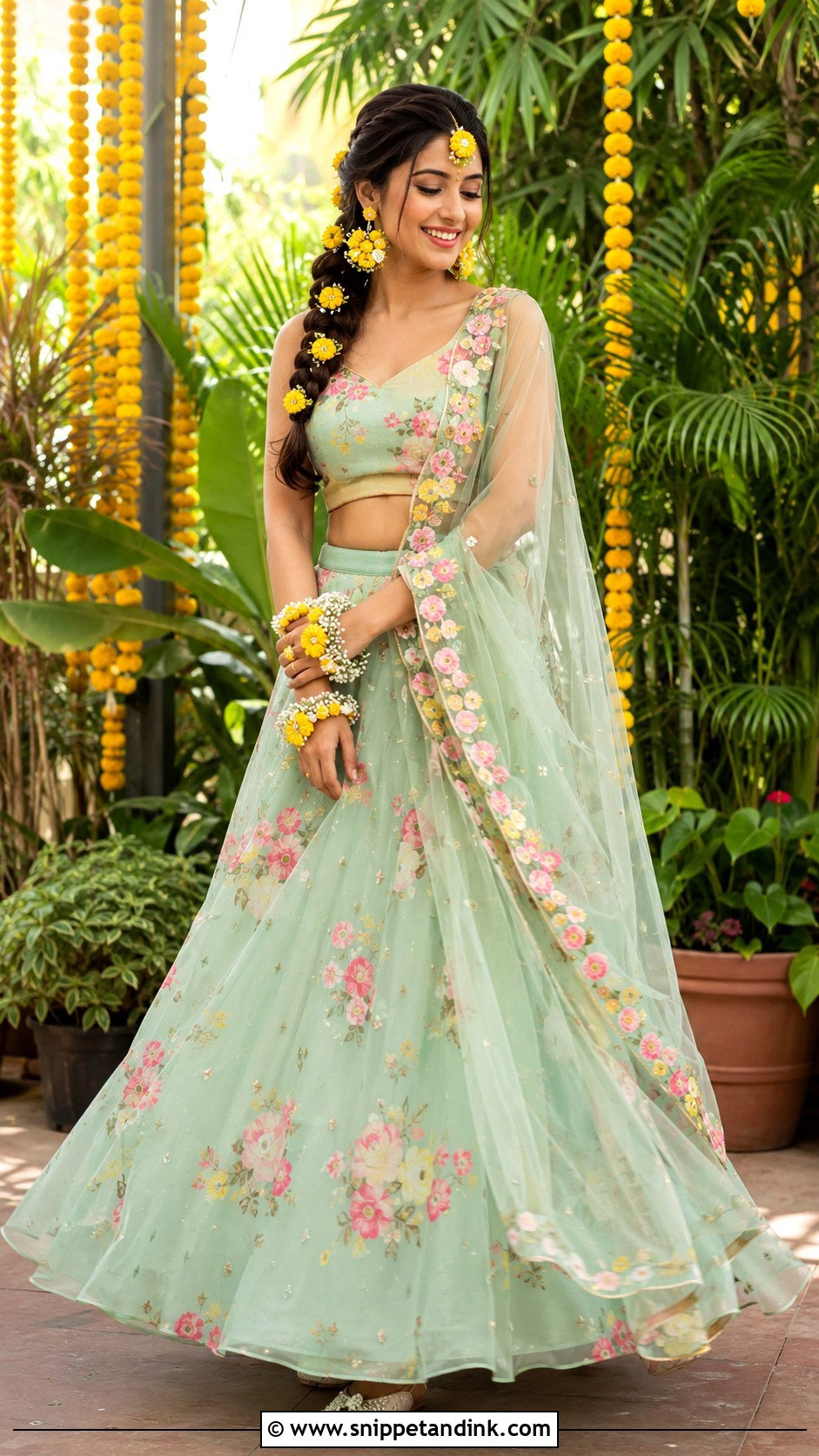 Mint Green Floral Haldi Lehenga - Snippet and Ink - 20 Indian Bride Haldi Outfit Ideas