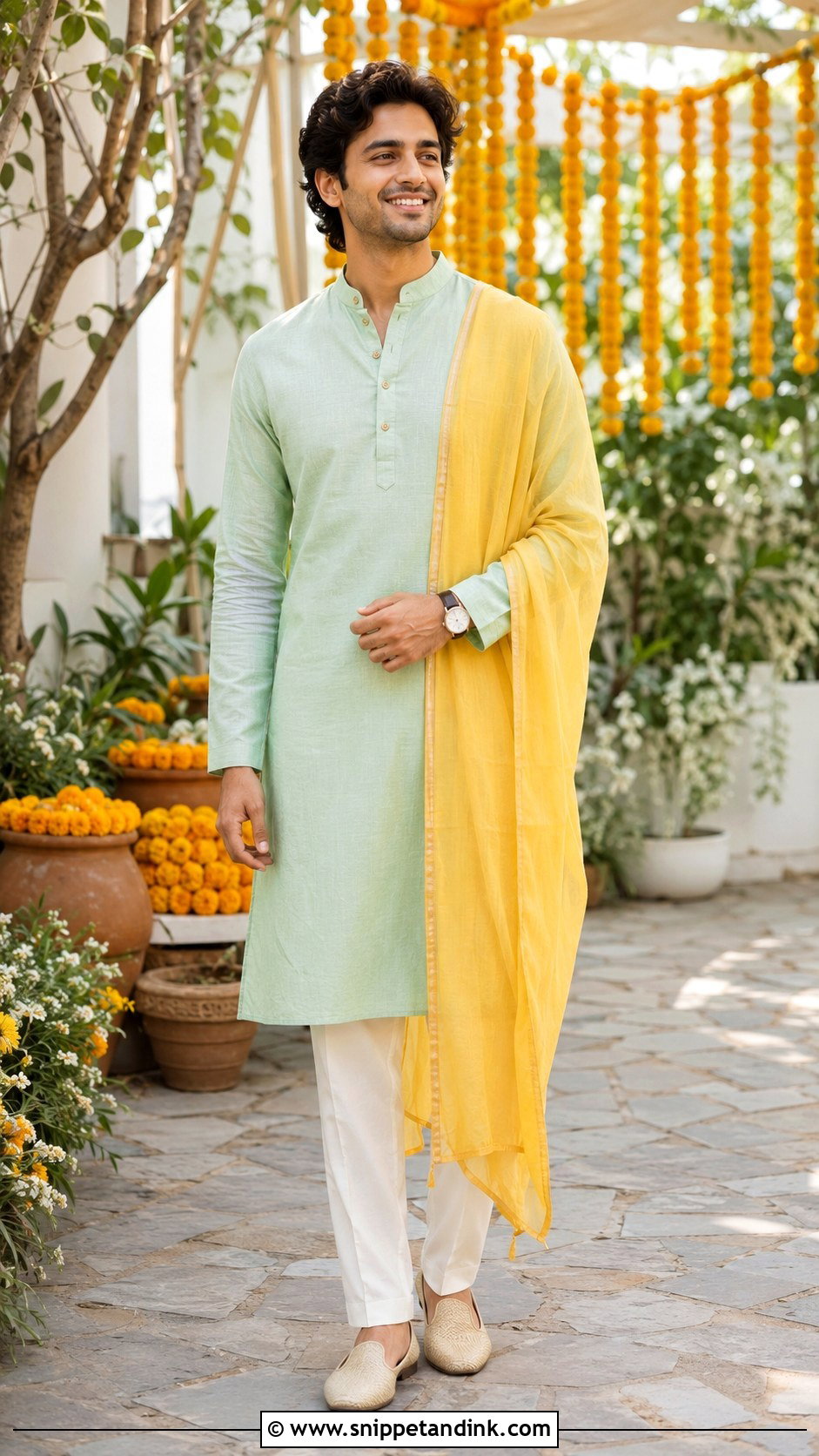 Mint Green Haldi Kurta With Yellow Stole - Snippet and Ink - 20 Haldi Outfit for Bride Brother Ideas