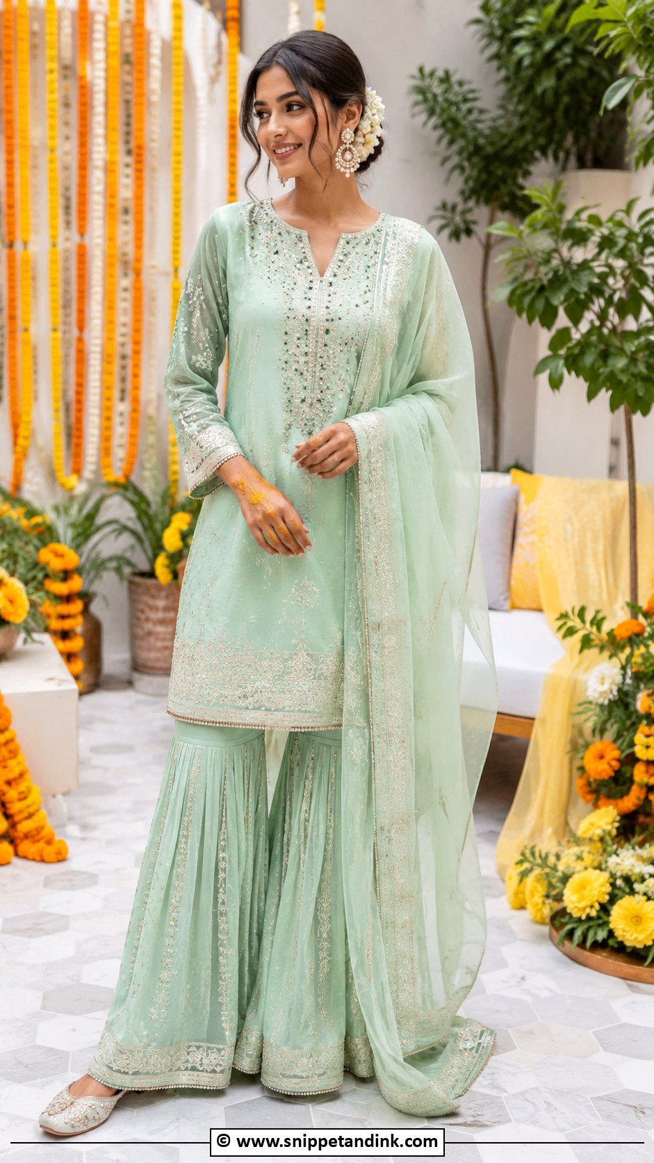 Mint Green Haldi Sharara - Snippet and Ink - 35 Unique Haldi Outfits