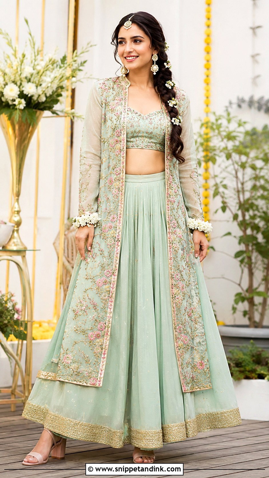 Mint Green Jacket Lehenga Mehndi Outfit - Snippet and Ink - 20 Mehndi Ceremony Outfit for Sister Ideas