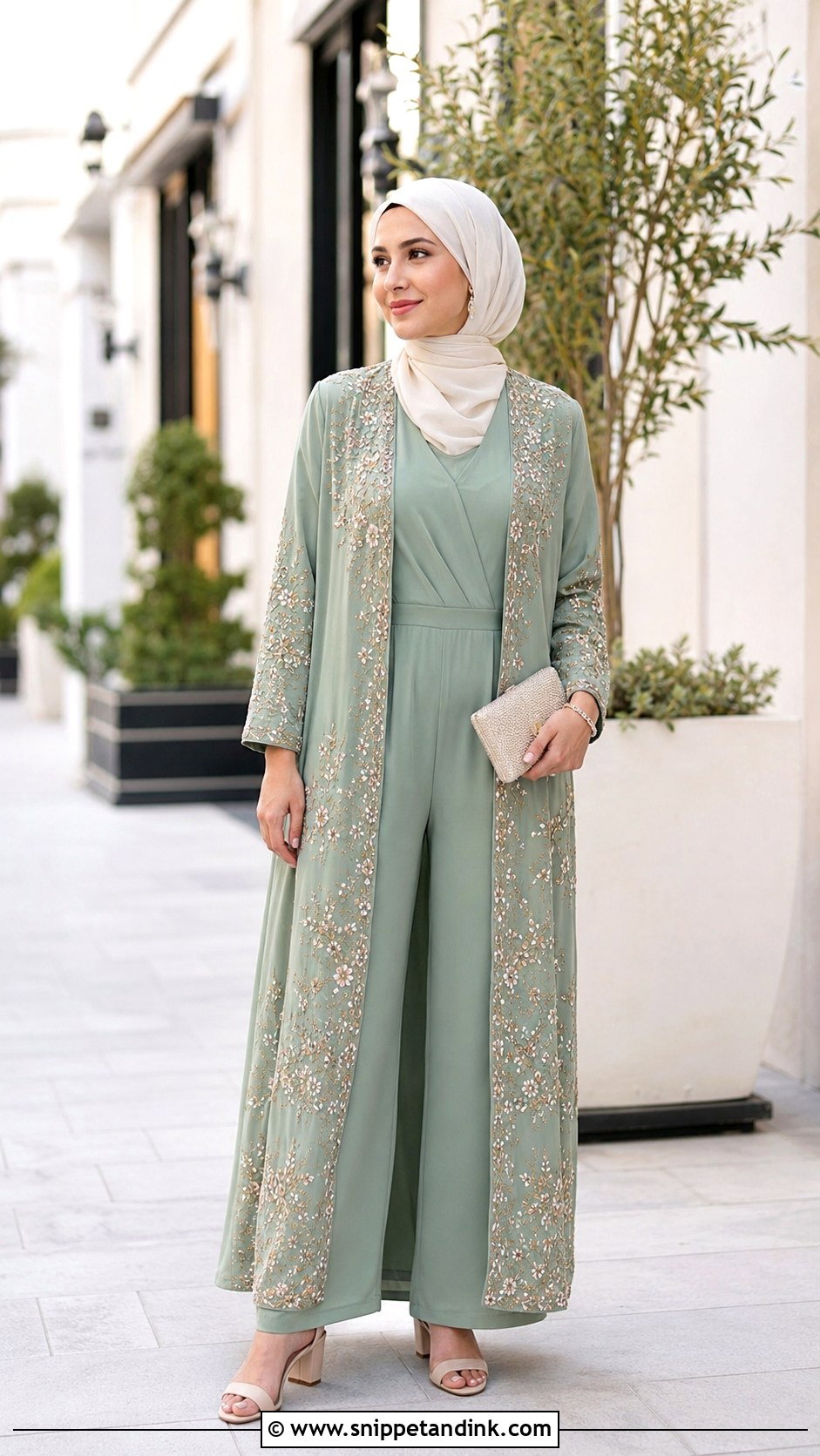 Mint Green Jumpsuit With Long Jacket Outfit - Snippet and Ink - 30 Eid Mubarak Outfit Ideas